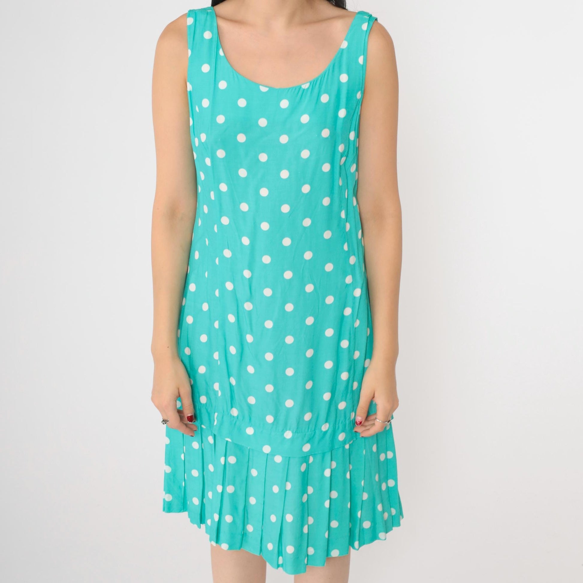 80s Jessica Howard Polka Dot Shift Dress Turquoise Sleeveless Knee Length Medium