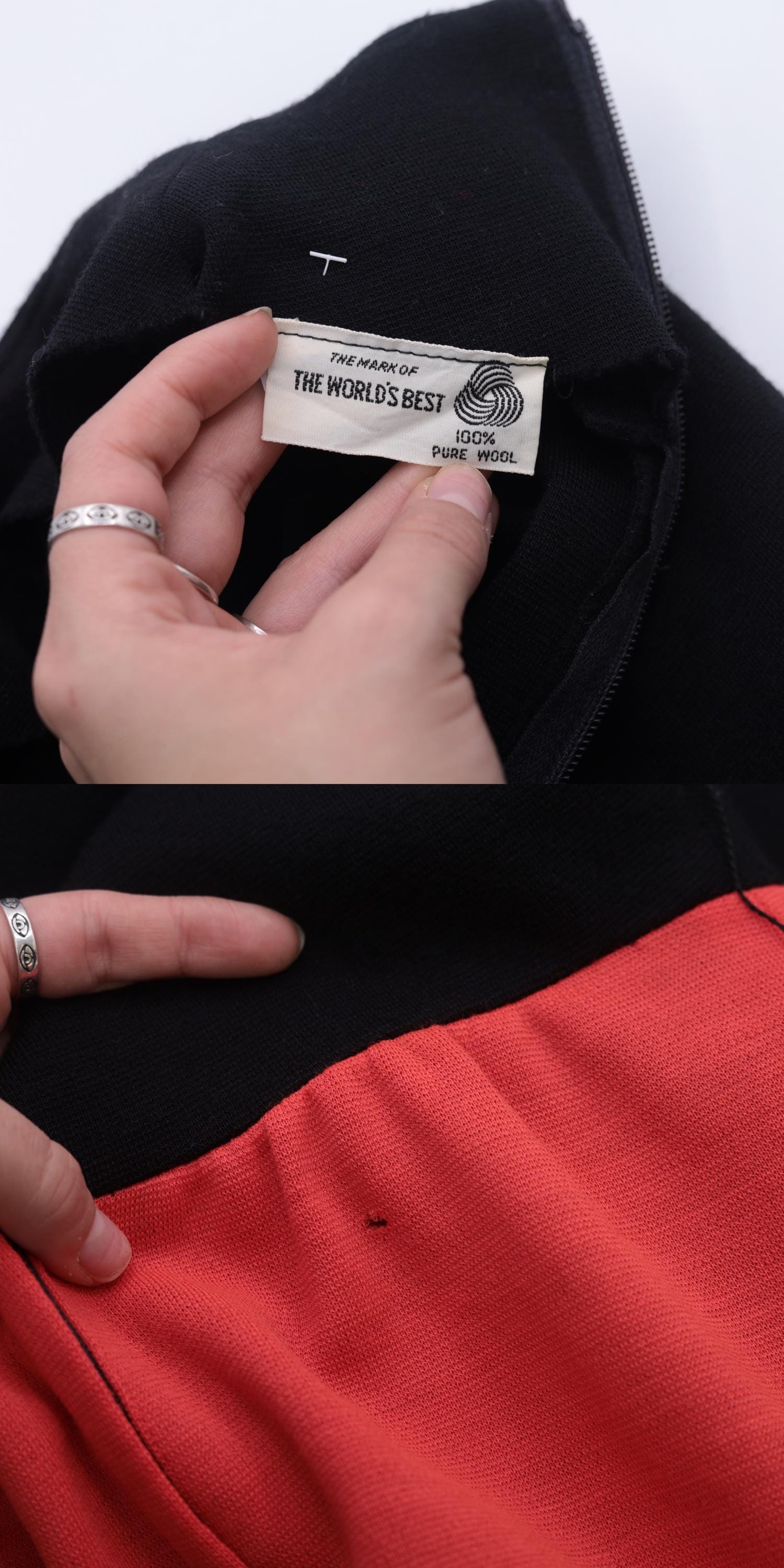 60s Wool Mock Neck Dress Black Orange Striped Knee-Length High Waist Small