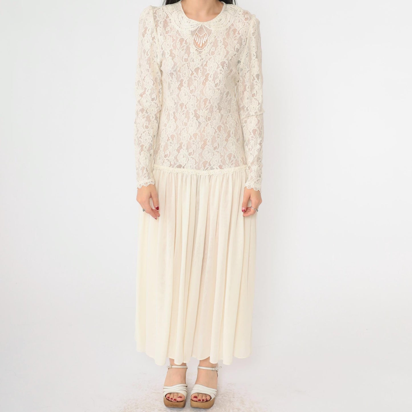 80s Ricki Lang Sheer Lace Maxi Dress Cream Puff Sleeve Drop Waist Medium
