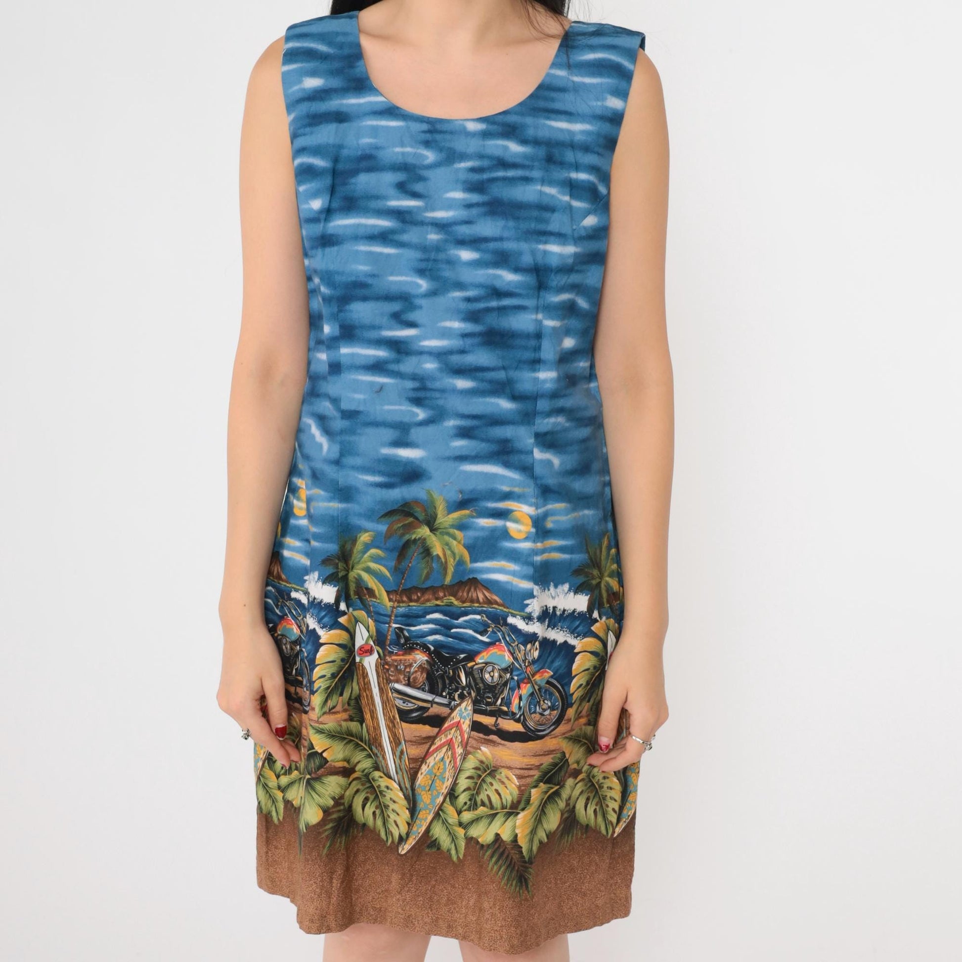 1990s Hawaiian Shift Dress Motorcycle Sunset Print Sleeveless Blue Medium