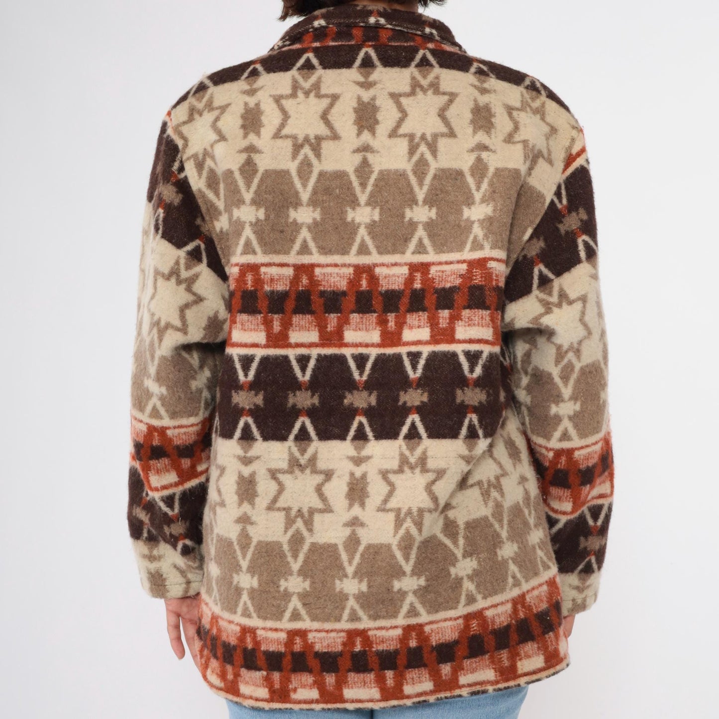 90s Flashback Wool Jacket Southwestern Geometric Star Print Button-Up Large