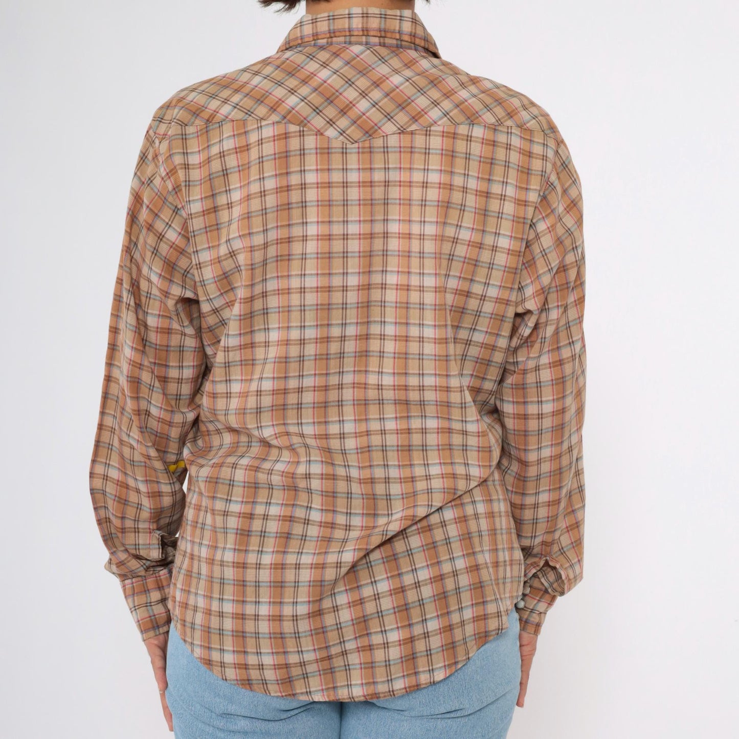80s Dakota Western Pearl Snap Shirt Burnt Orange Tan Plaid Large