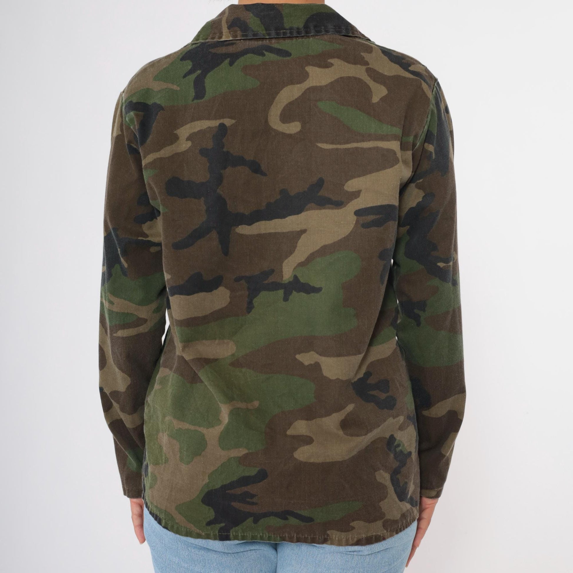 90s Army Camouflage Button-Up Shirt Green Cargo Pockets Small