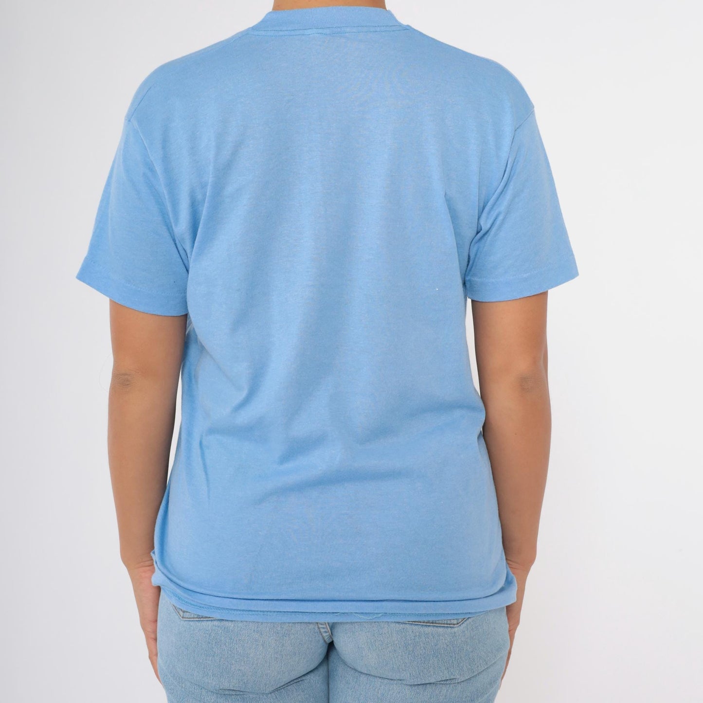 80s Screen Stars Embroidered Graphic Tee Swan Flag Watermelon Blue Medium