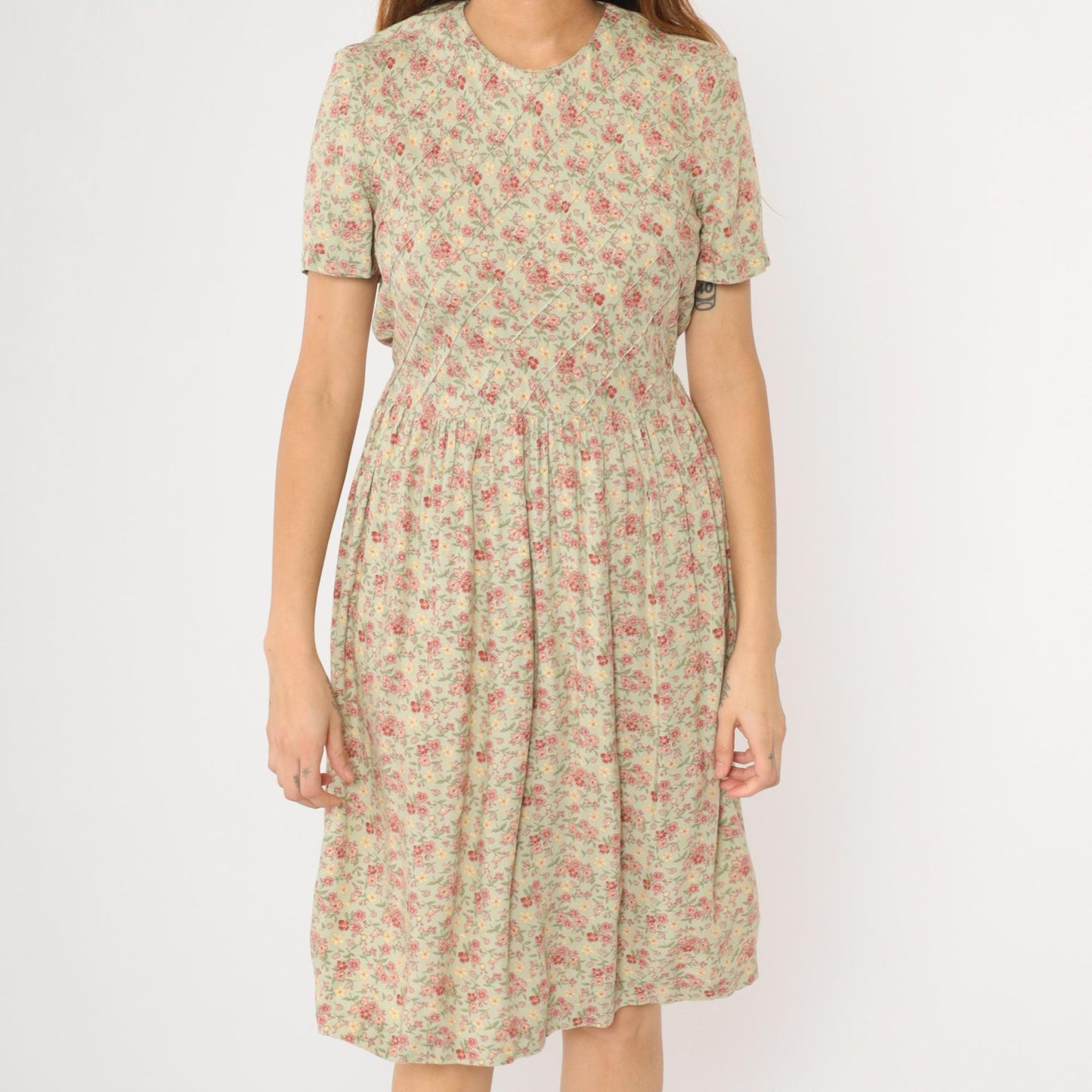 90s Betsy Lauren Petites Floral Midi Dress Pastel Green Pink Pintuck Small