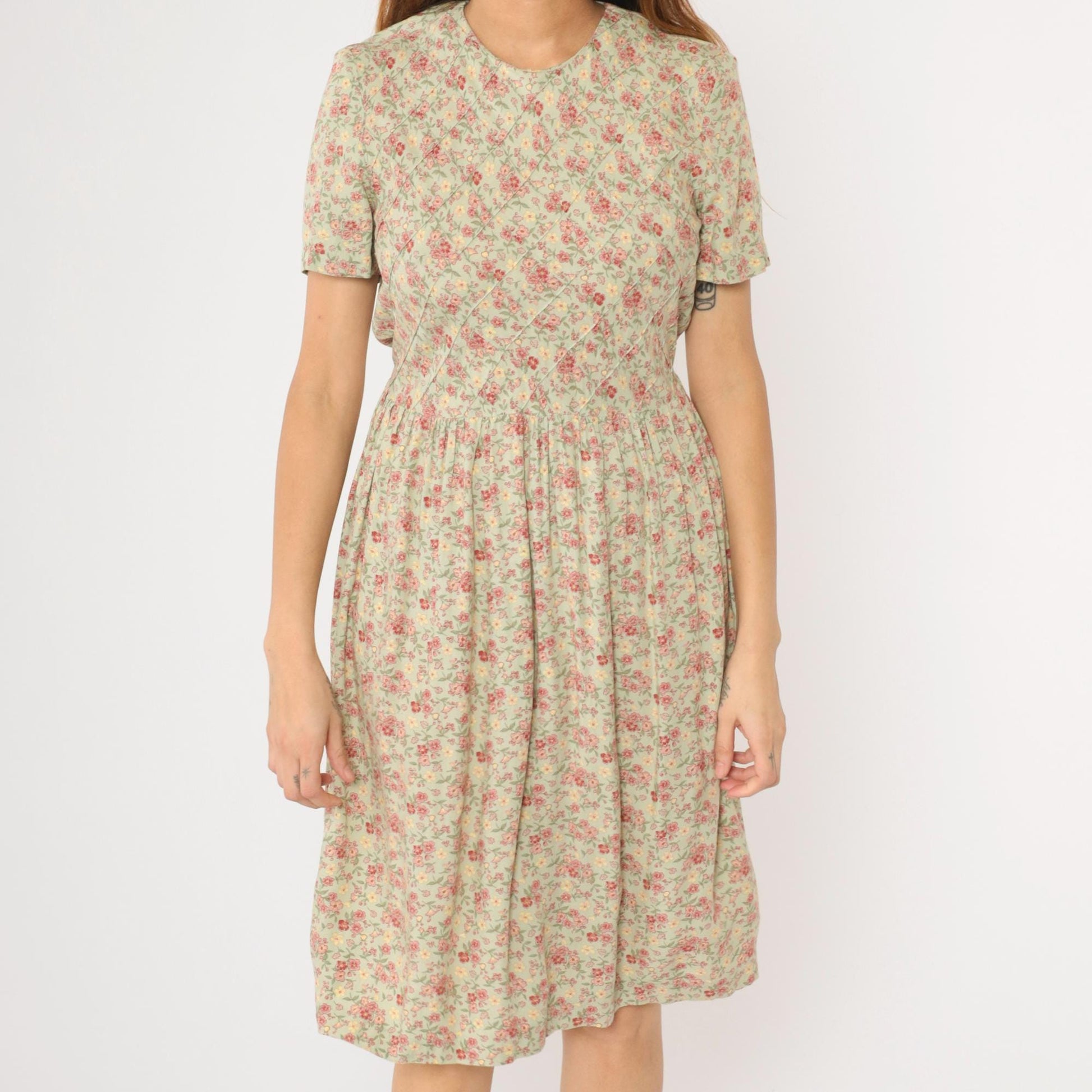 90s Betsy Lauren Petites Floral Midi Dress Pastel Green Pink Pintuck Small