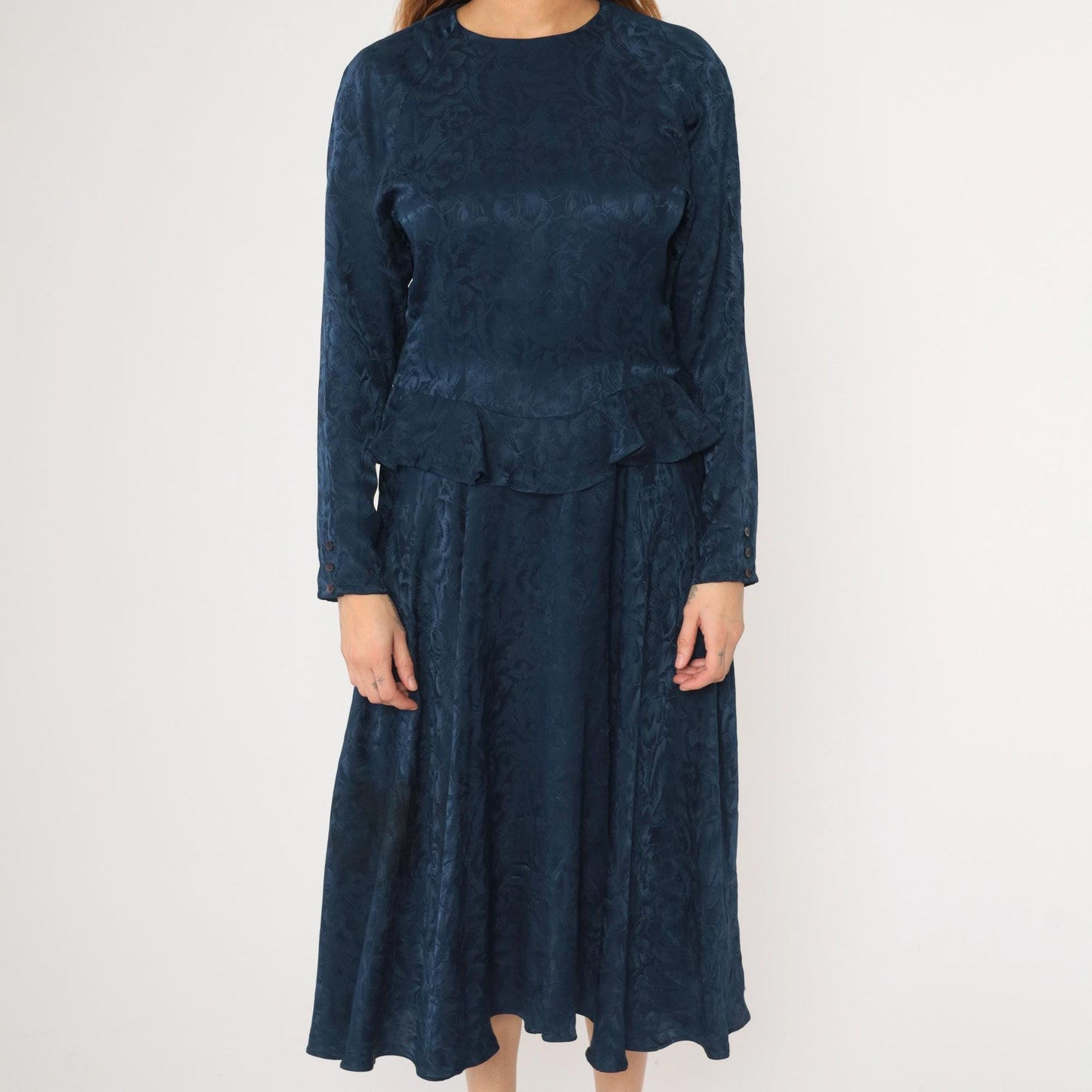 90s Argenti Navy Silk Midi Dress Floral Jacquard Peplum Raglan Medium M