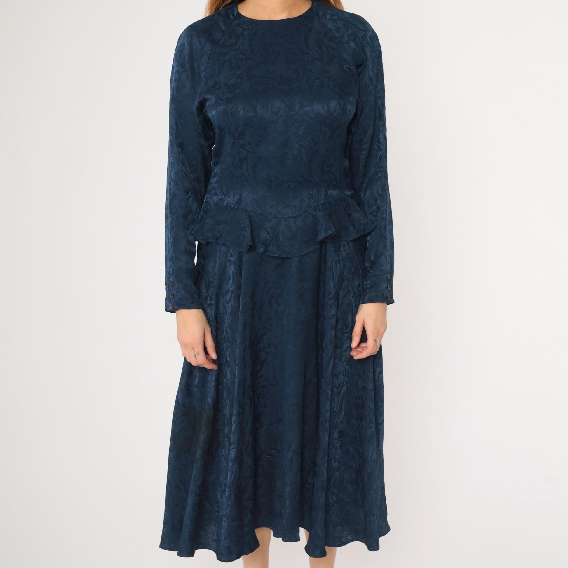 90s Argenti Navy Silk Midi Dress Floral Jacquard Peplum Raglan Medium M