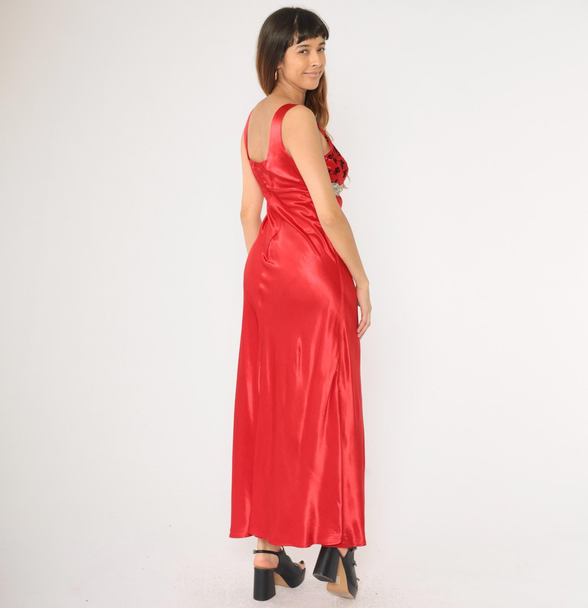 90s Be Smart Red Satin Maxi Gown Flocked Velvet Floral Beaded Empire Waist Small