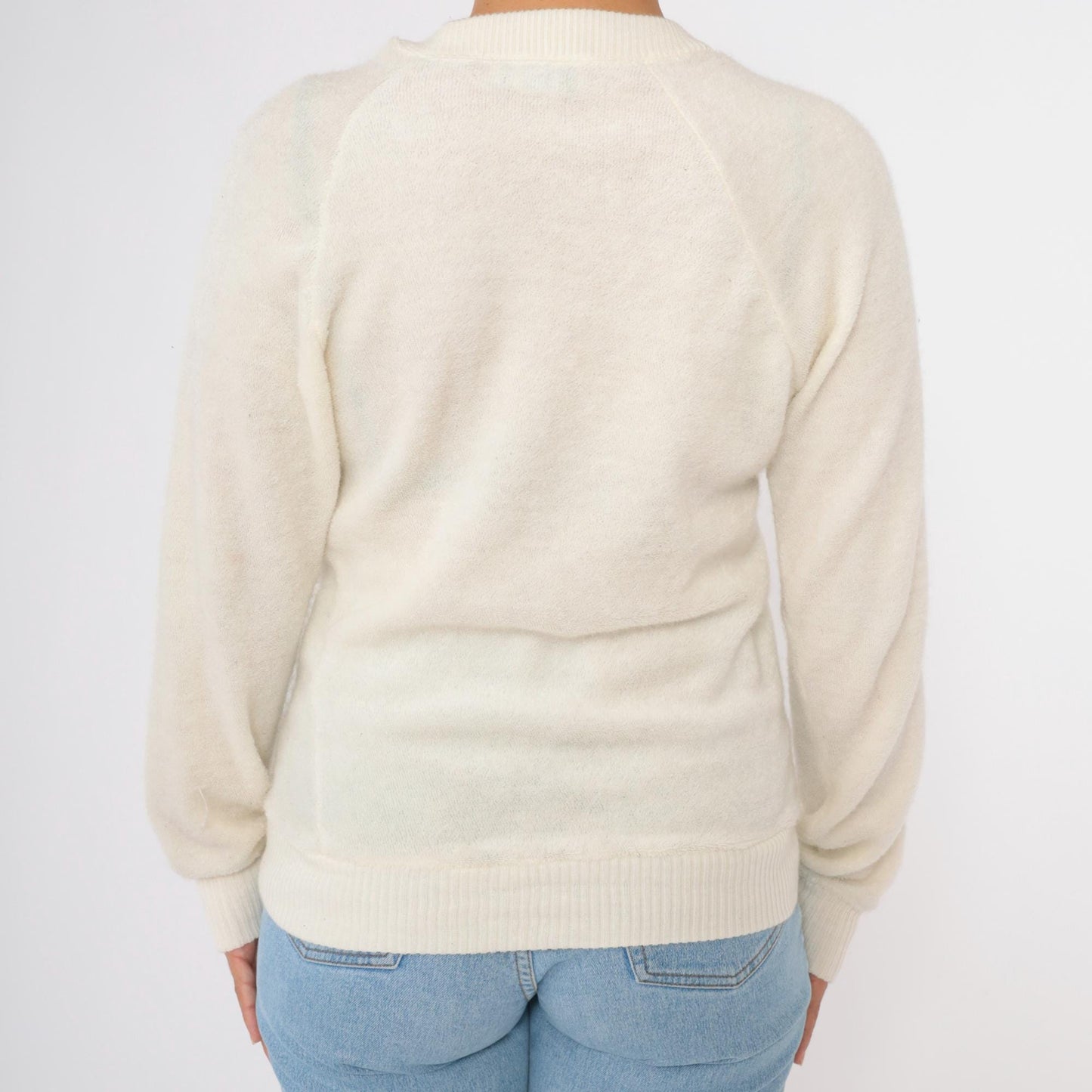 80s Terry Cloth V-Neck Sweatshirt Cream Raglan Sleeve Small