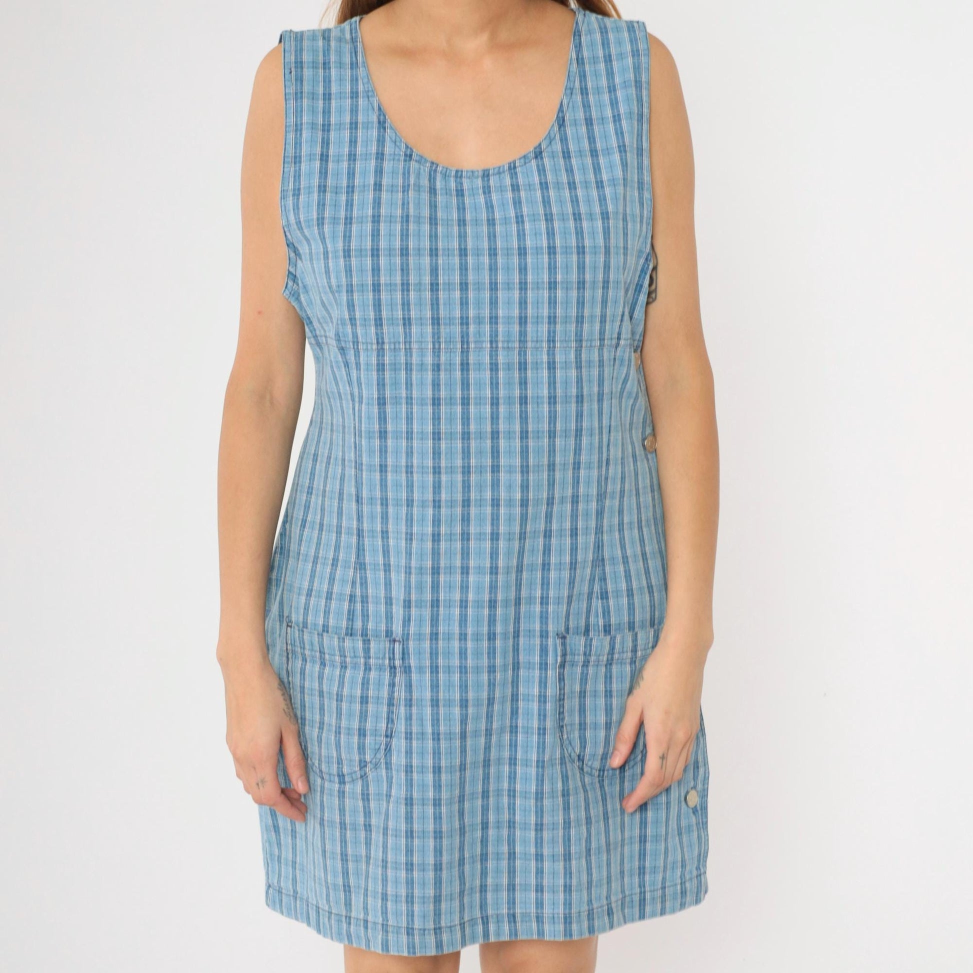 90s Cherokee Blue Plaid Mini Jumper Dress Sleeveless Shift Medium M