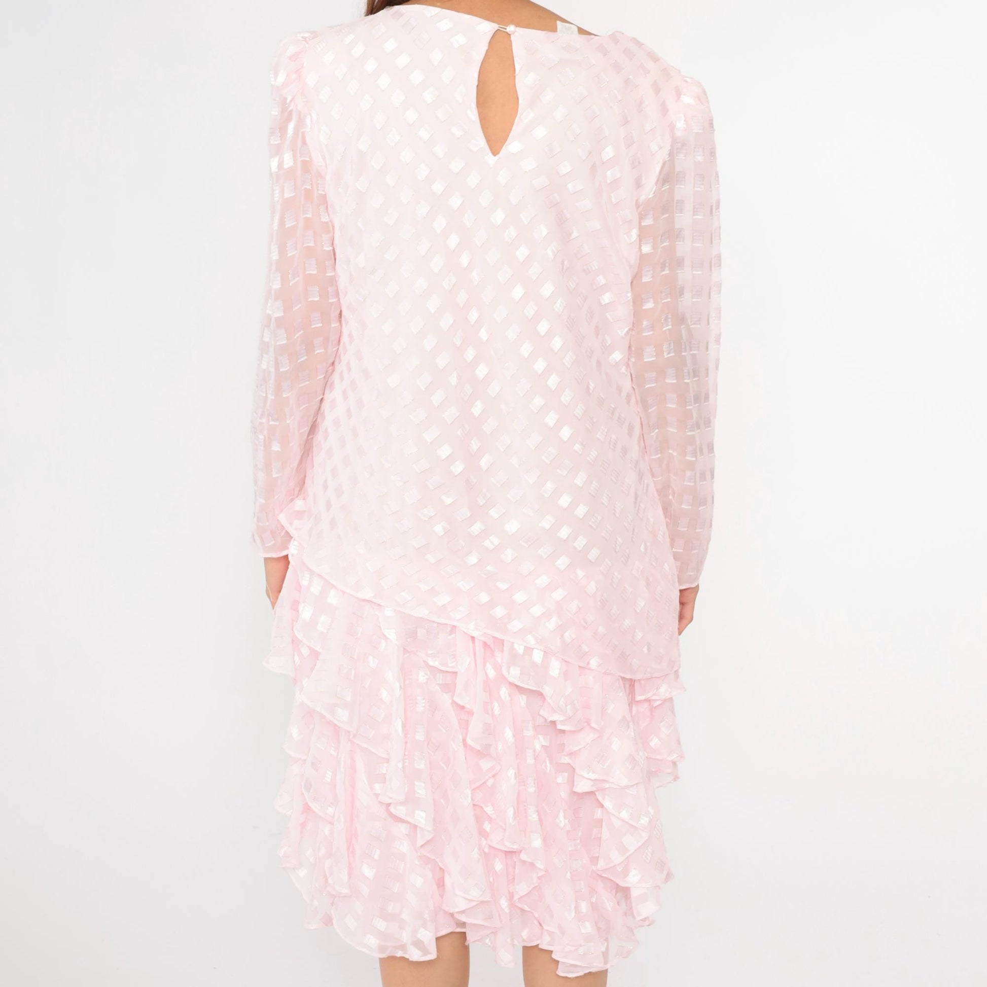 80s Patra Pink Midi Dress Drop Waist Puff Sleeve Ruffle Embossed Large L