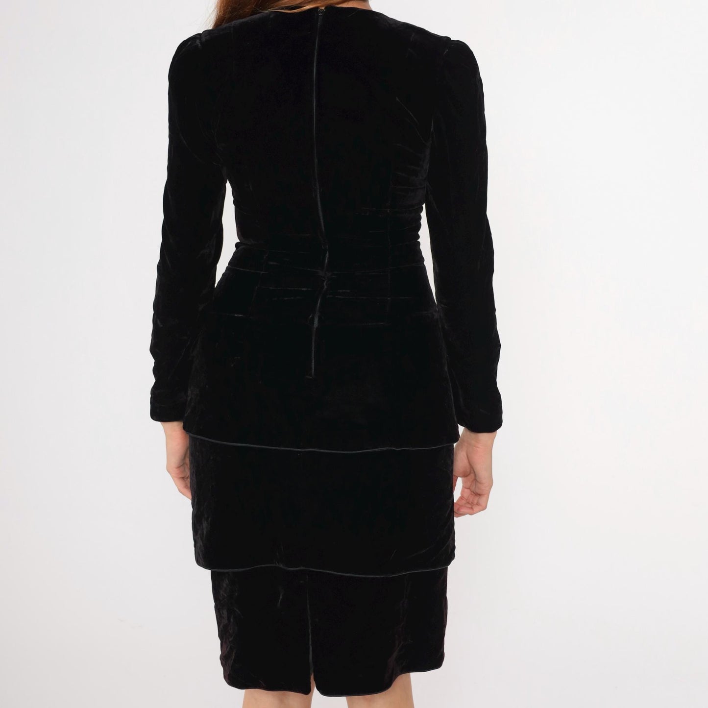80s Maggy London Black Velvet Puff Sleeve Midi Dress Small 6