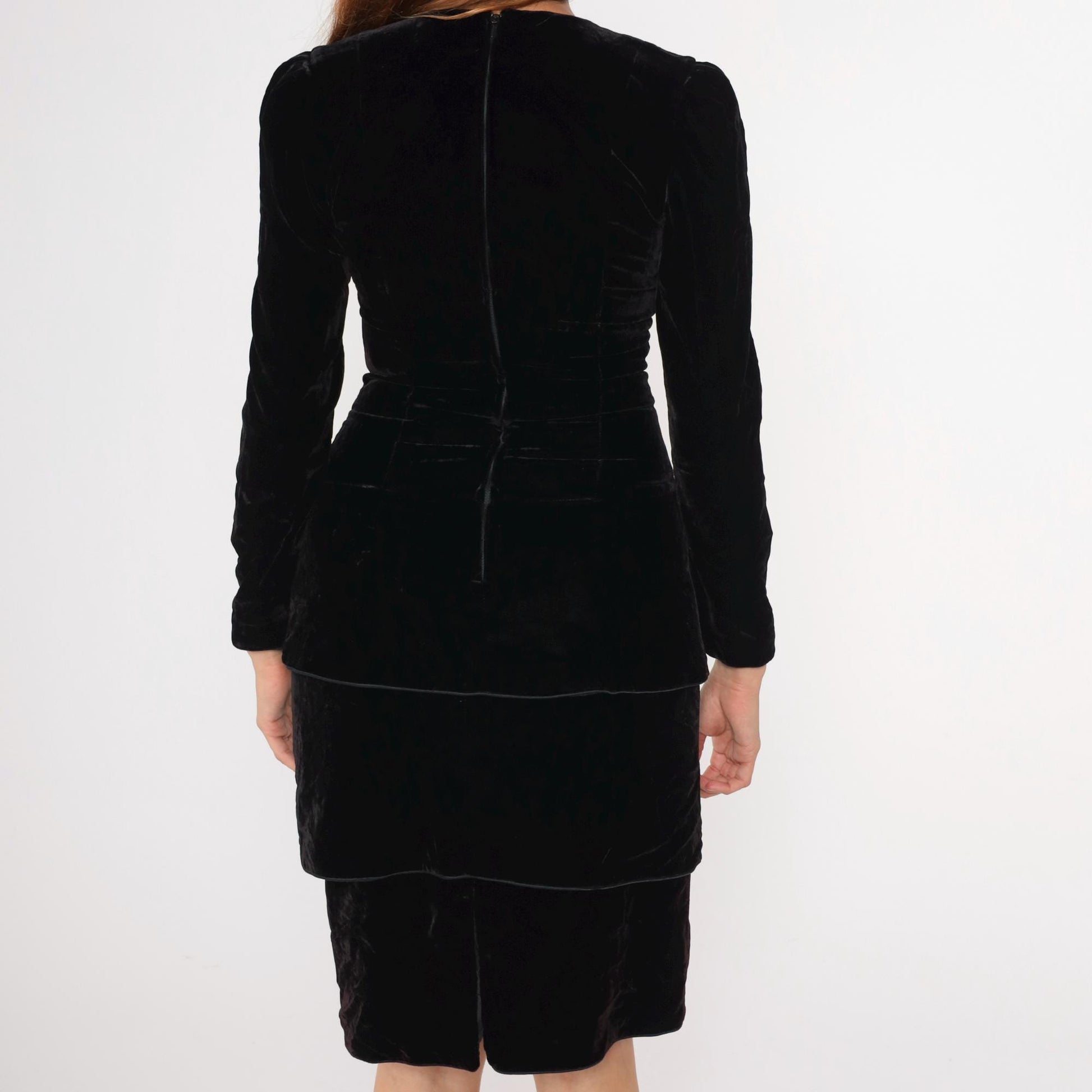80s Maggy London Black Velvet Puff Sleeve Midi Dress Small 6
