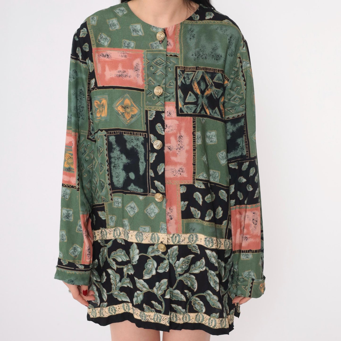 90s Patchwork Mini Dress Button-Up Long Sleeve Green Black Coral Medium M