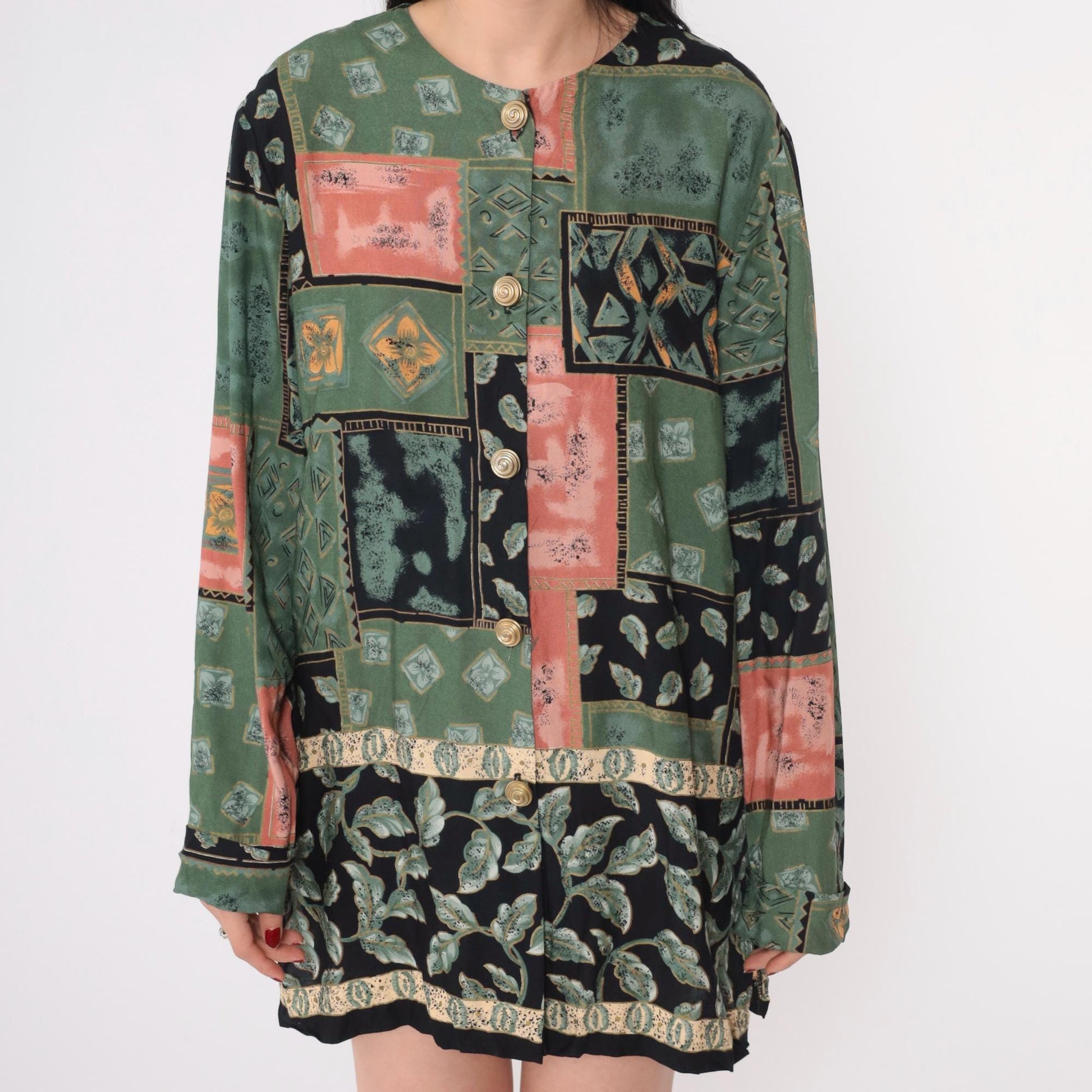 90s Patchwork Mini Dress Button-Up Long Sleeve Green Black Coral Medium M