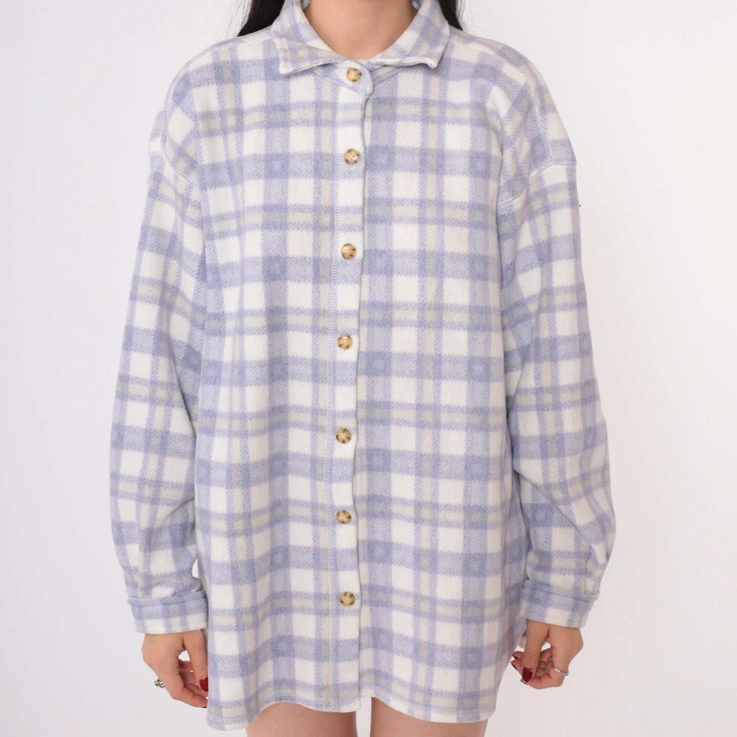 90s Cherokee Plaid Fleece Shirt Jacket Purple White Button Up Large