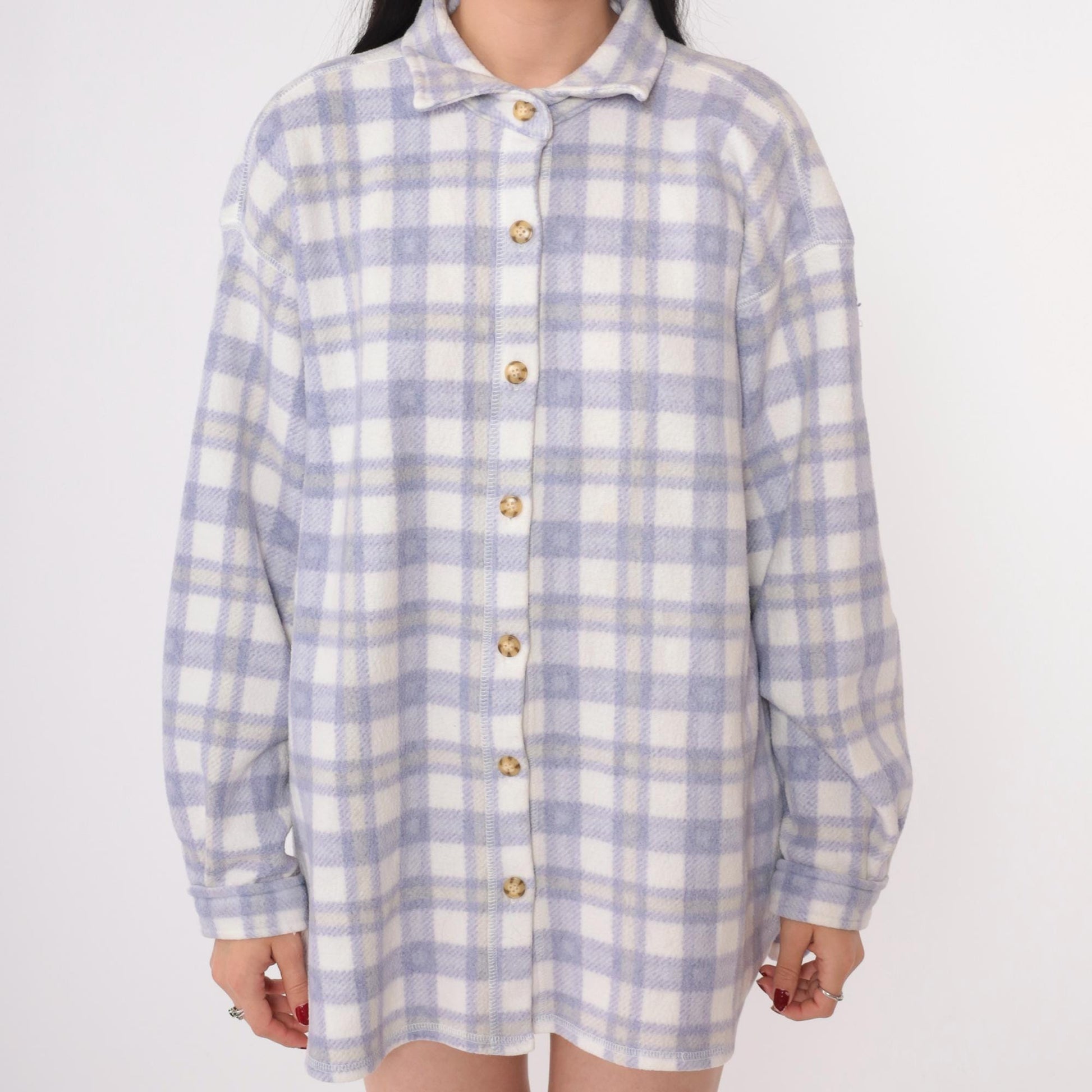 90s Cherokee Plaid Fleece Shirt Jacket Purple White Button Up Large