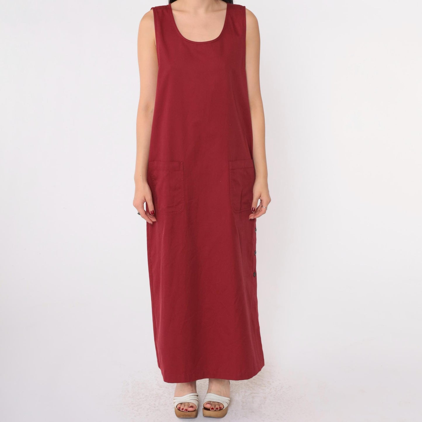 Y2K Burgundy Maxi Jumper Dress Sleeveless Button Side Pockets Medium M