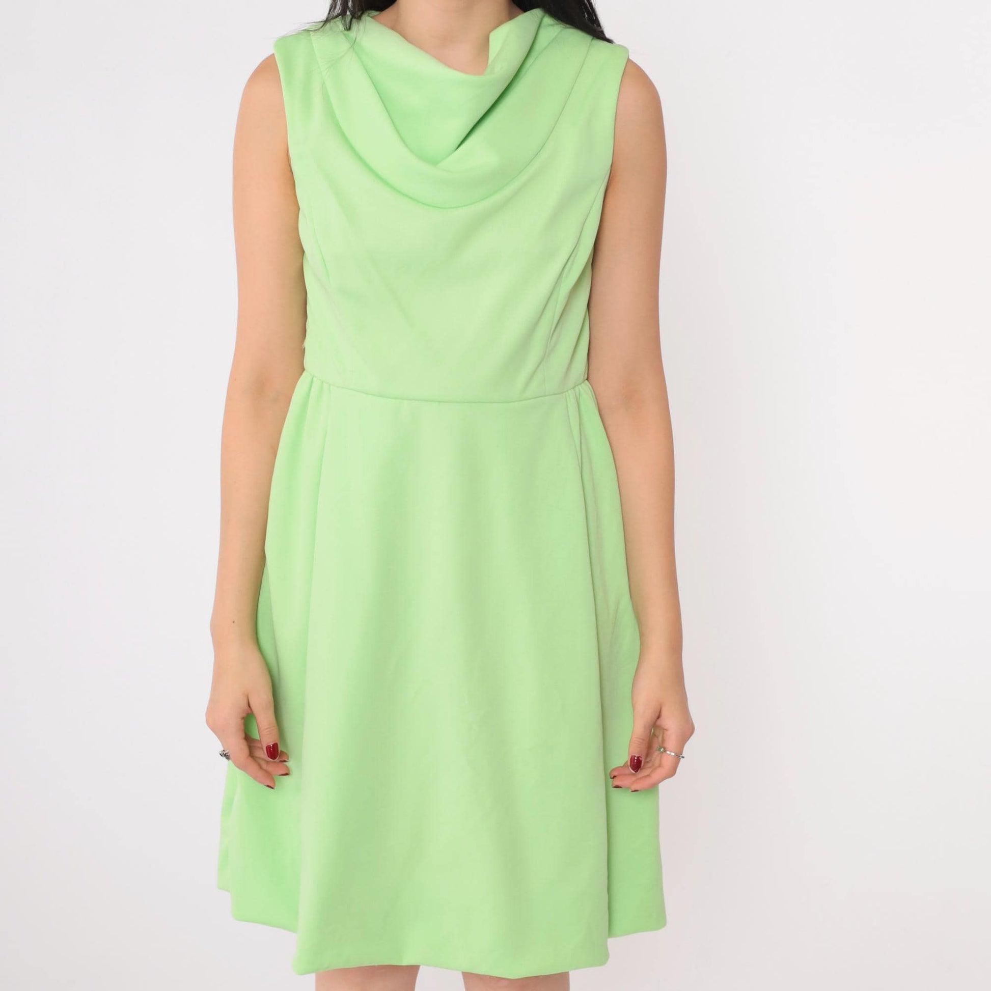 1970s Lime Green Cowl Neck Shift Dress Mini Sleeveless Small S