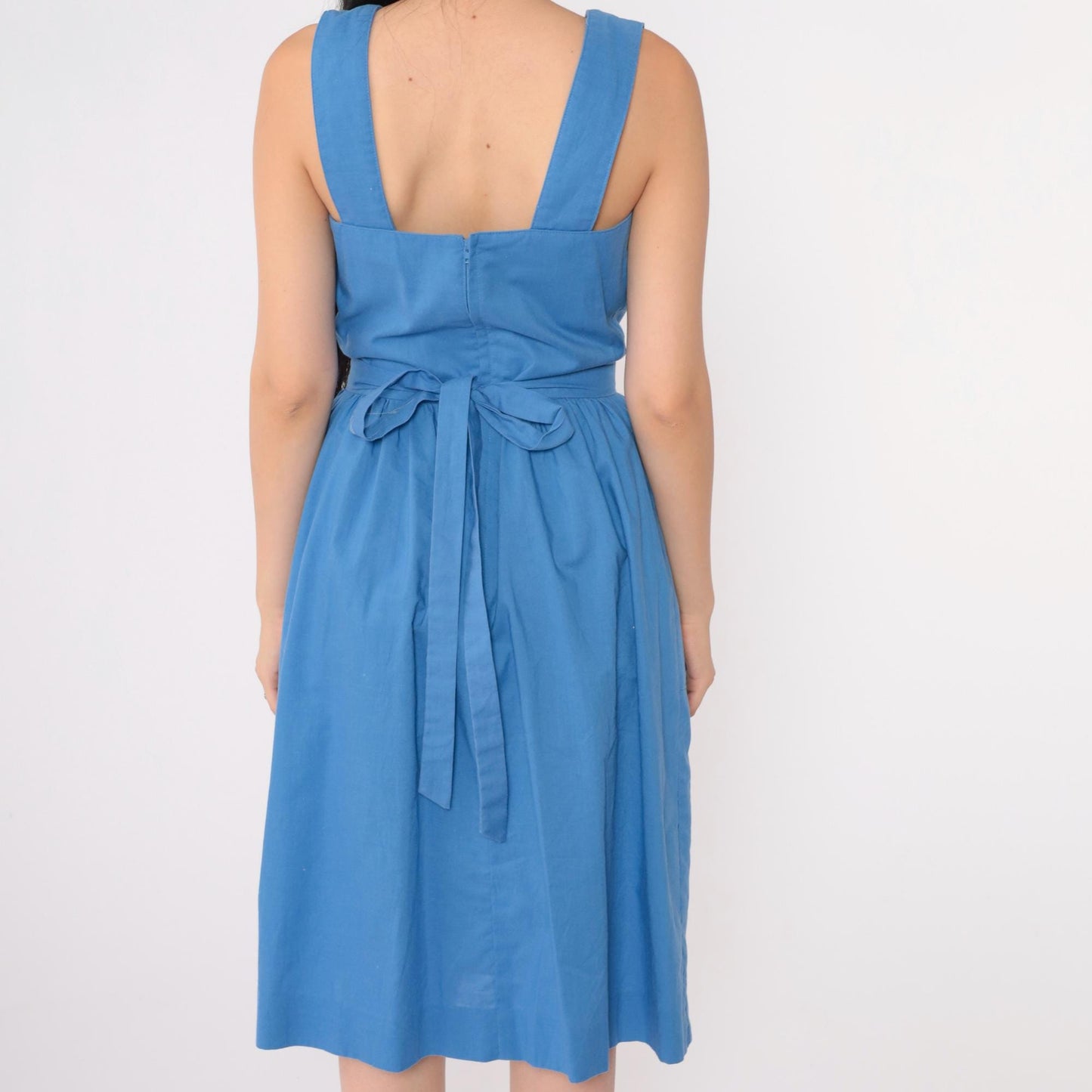 80s Lanz Originals Blue Cotton Pinafore Dress Cutwork Square Neckline Small