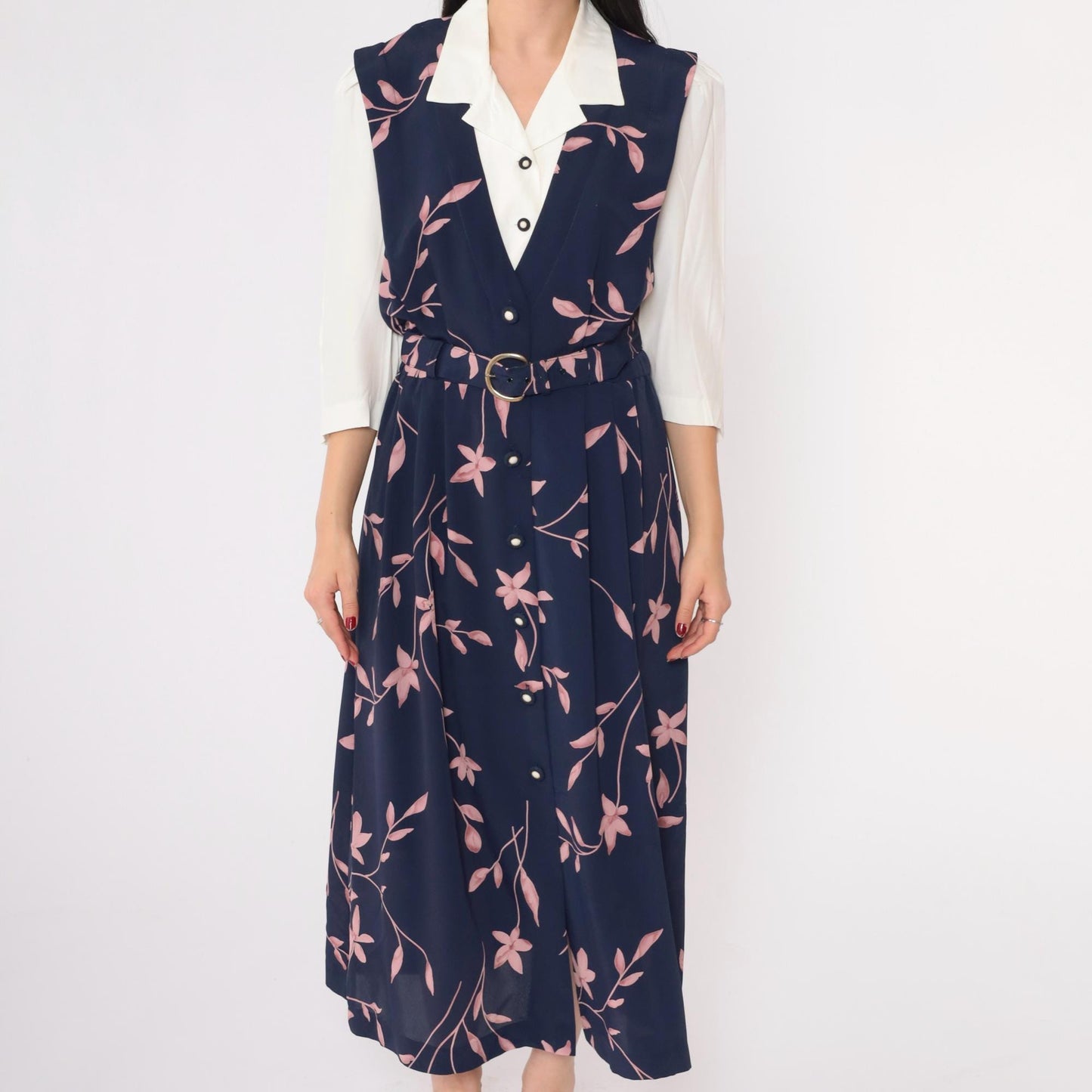 90s Navy Floral Maxi Dress Button-Up Attached Shirt 3/4 Sleeve Belted Medium