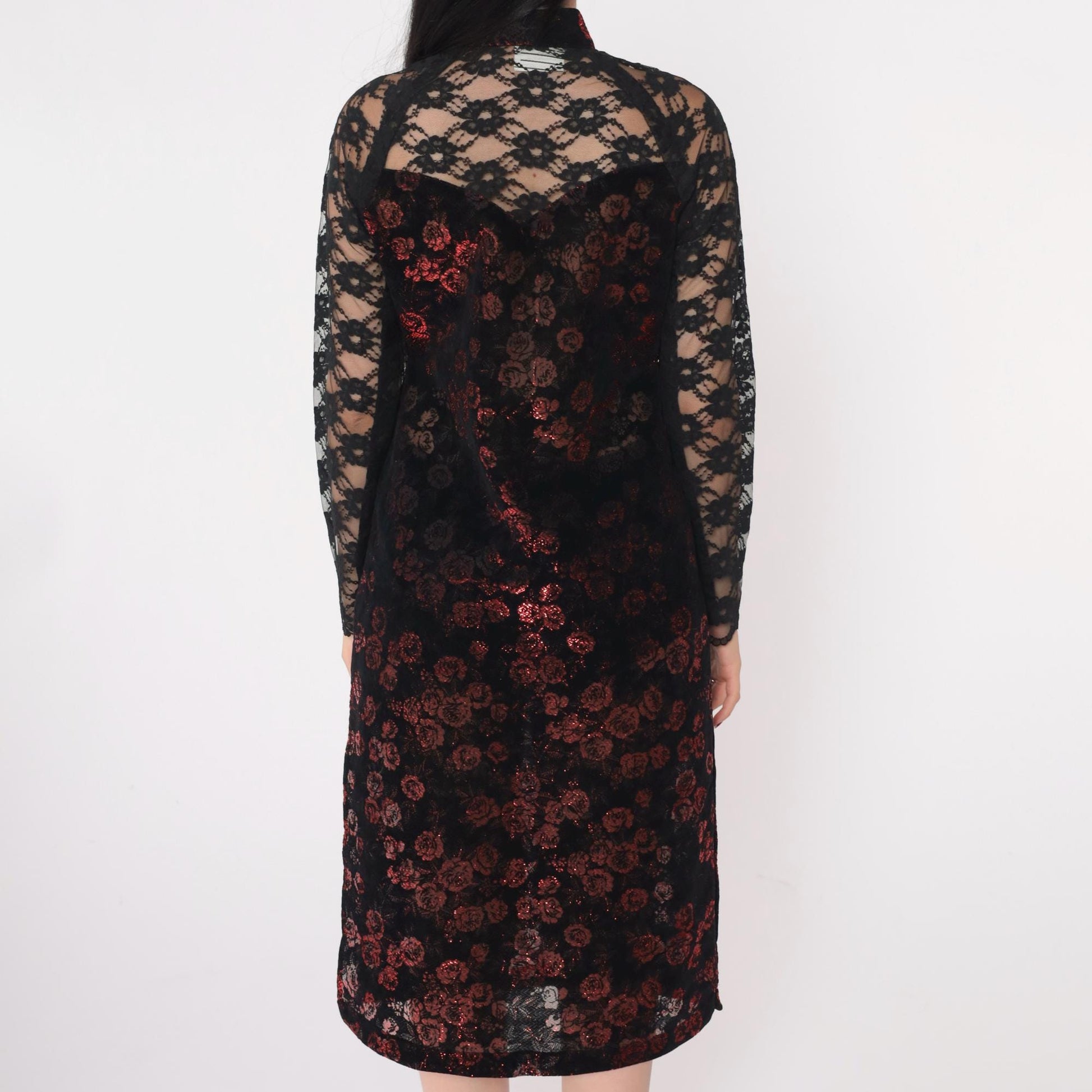 00s Ao Dai Dress Burnout Velvet Floral Mandarin Collar Black Lace Extra Small