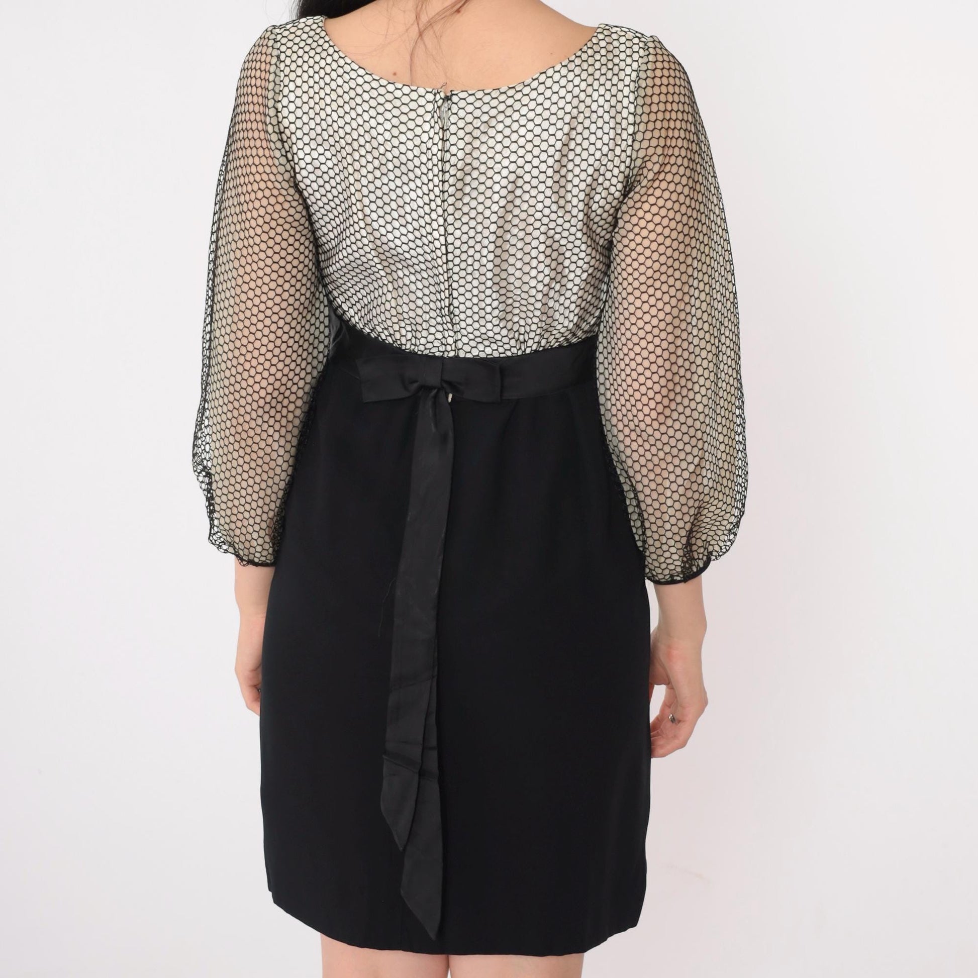 60s Black White Honeycomb Mesh Party Dress High Waist Bow Mini Small