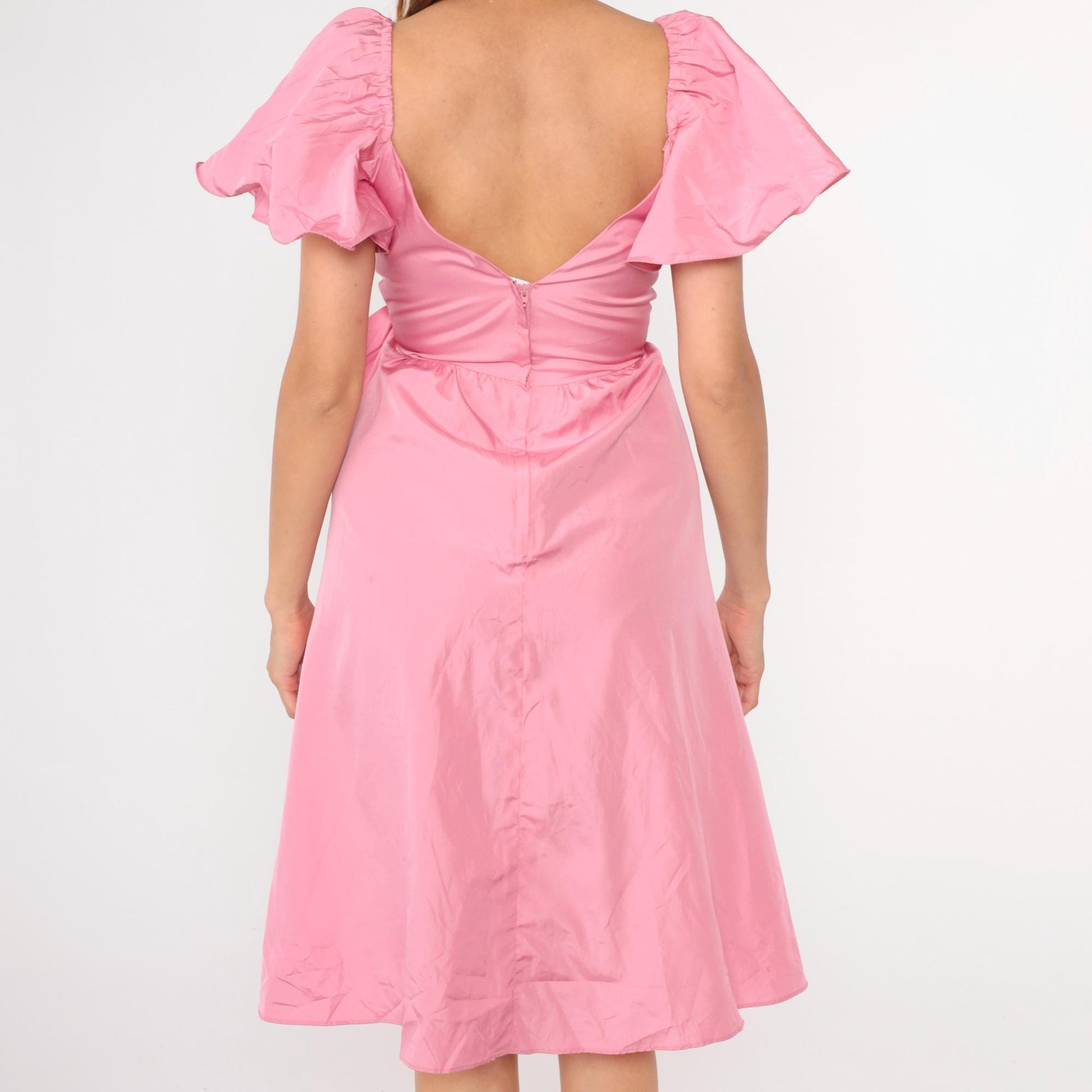 80s Pink Midi Prom Dress Flutter Sleeve V-Neck High Waist Bow Tulip Hem Small