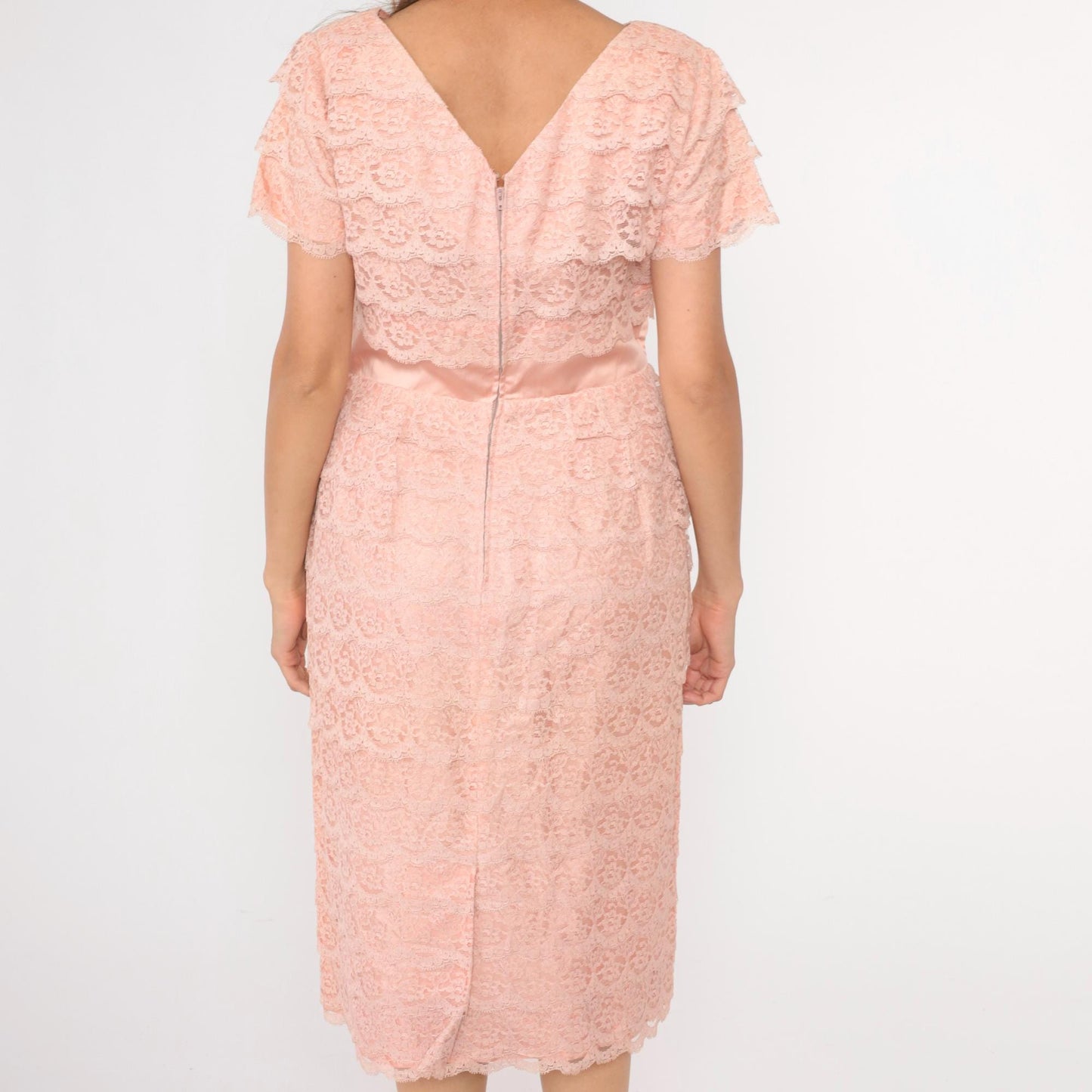 1960s Pink Lace Cocktail Dress Satin Trim High Waist Short Sleeve Medium Large