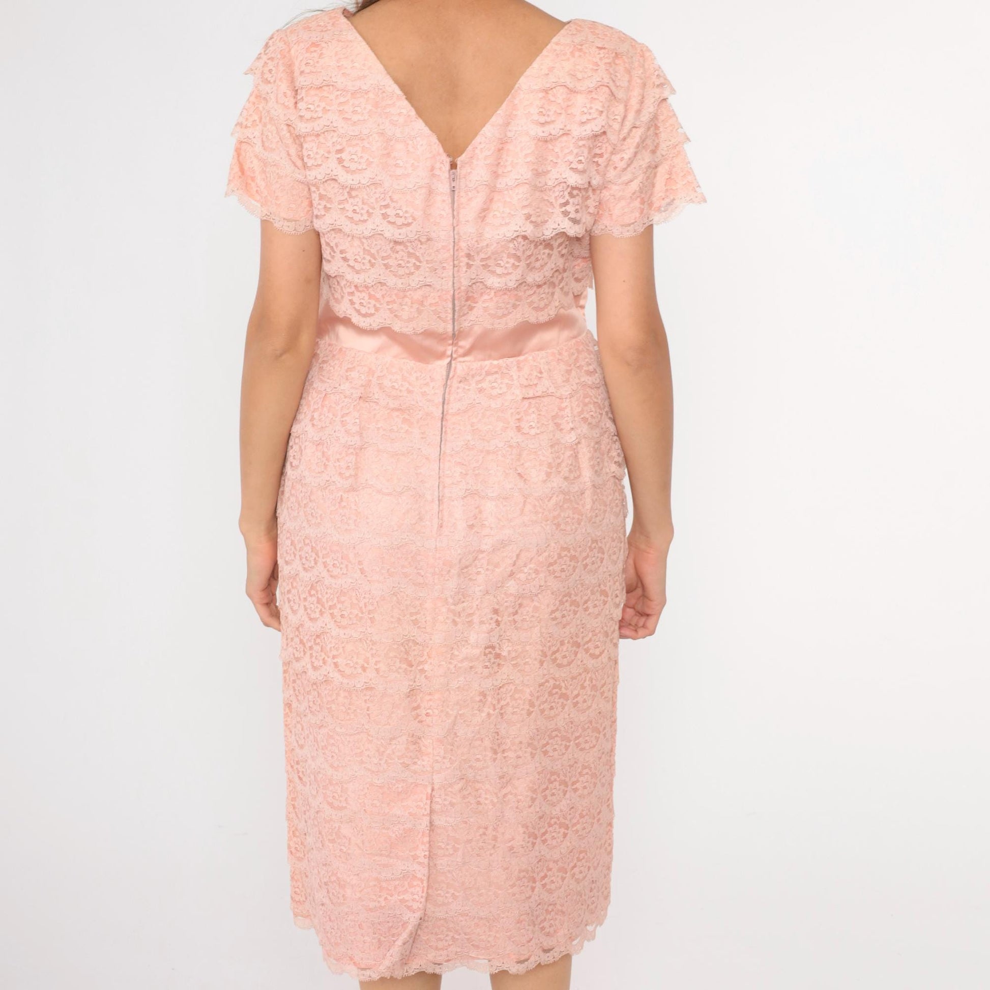 1960s Pink Lace Cocktail Dress Satin Trim High Waist Short Sleeve Medium Large