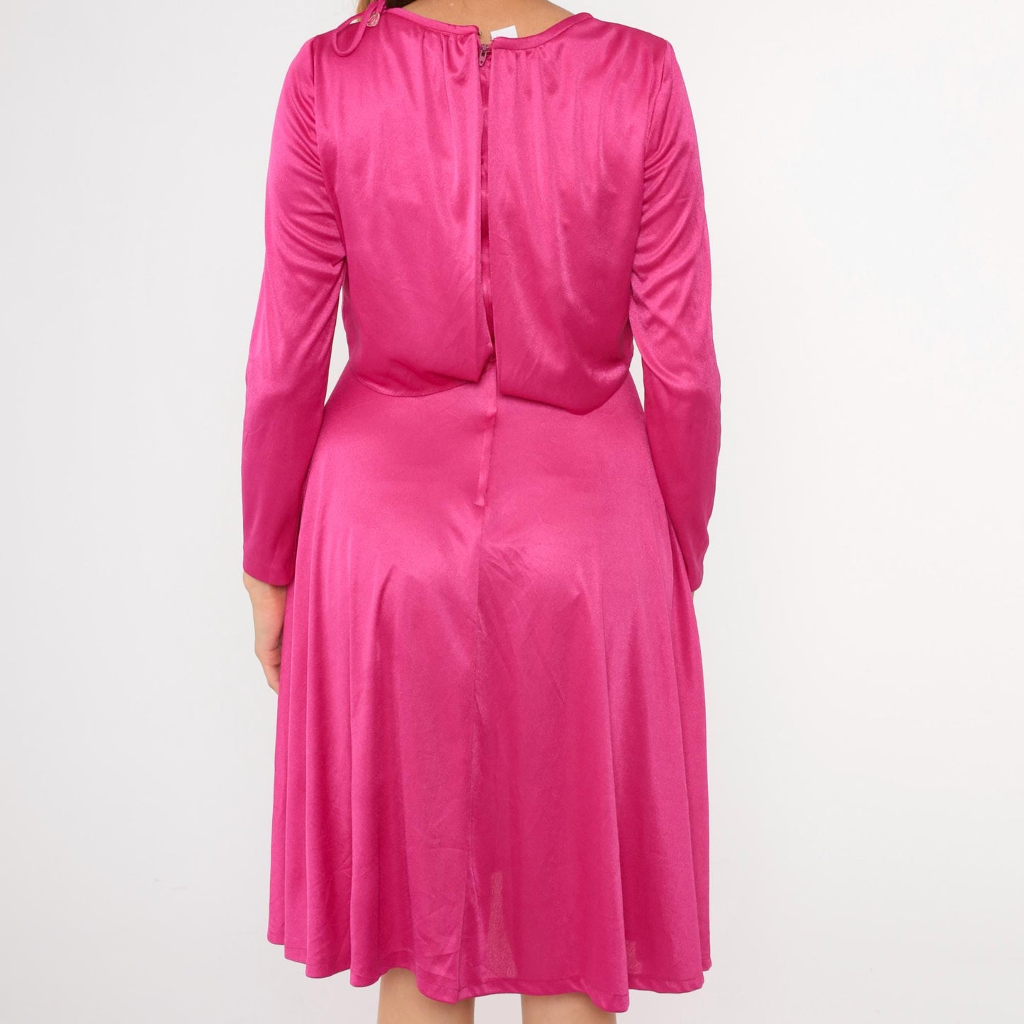 70s Fuchsia Grecian Draped Midi Dress Tie Shoulder Long Sleeve Small