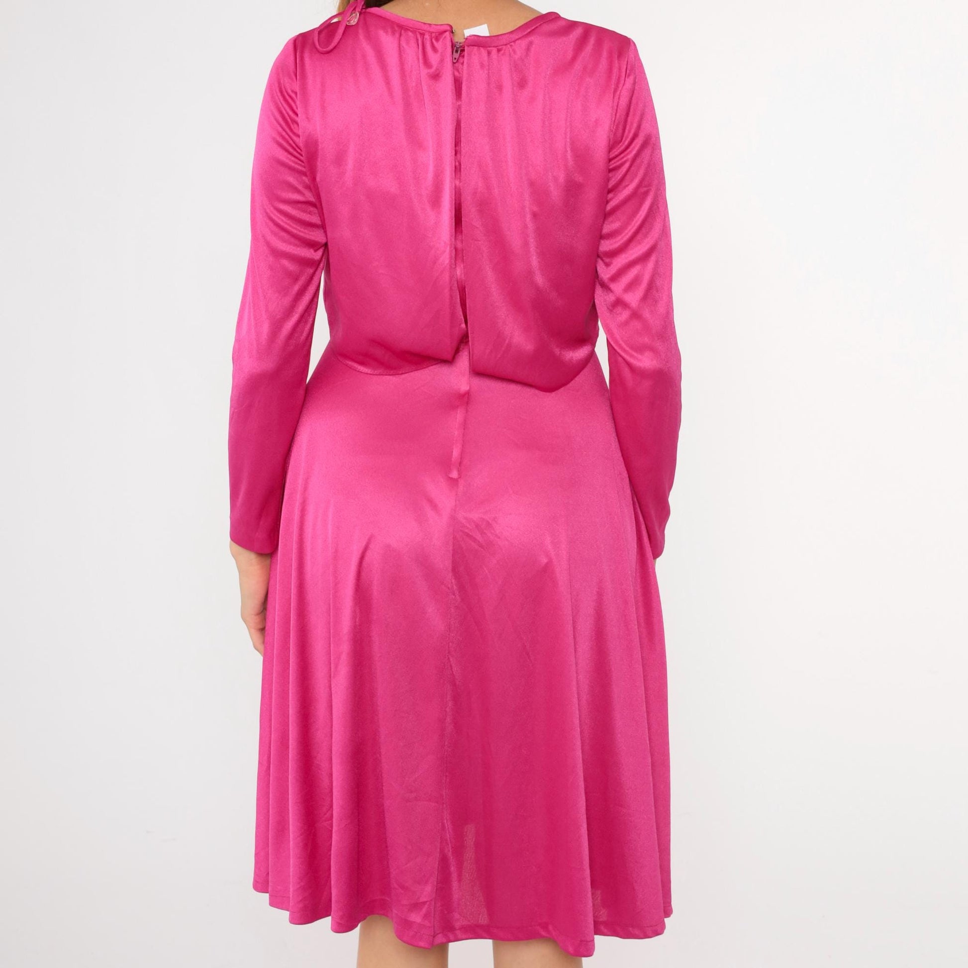 70s Fuchsia Grecian Draped Midi Dress Tie Shoulder Long Sleeve Small