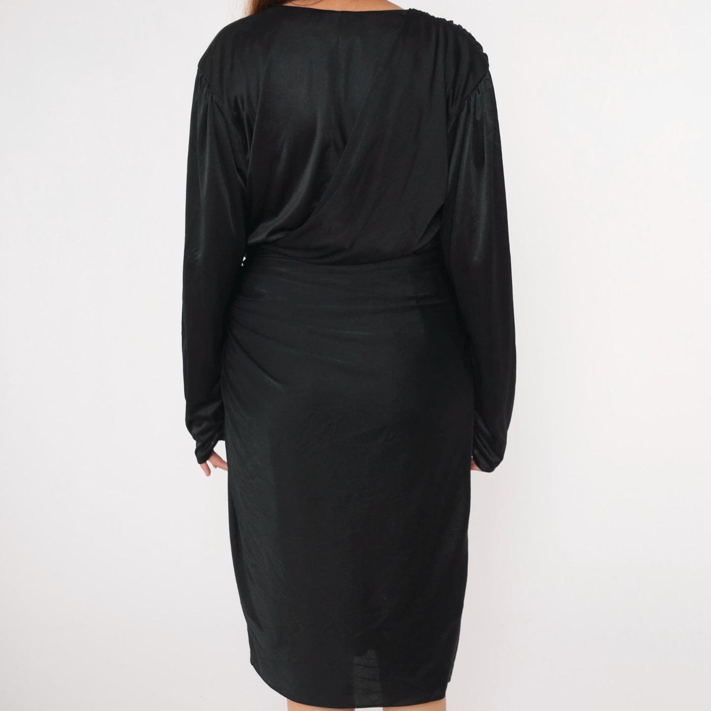 80s Black Faux Wrap Midi Dress Beaded Waist V Neck Long Sleeve Medium