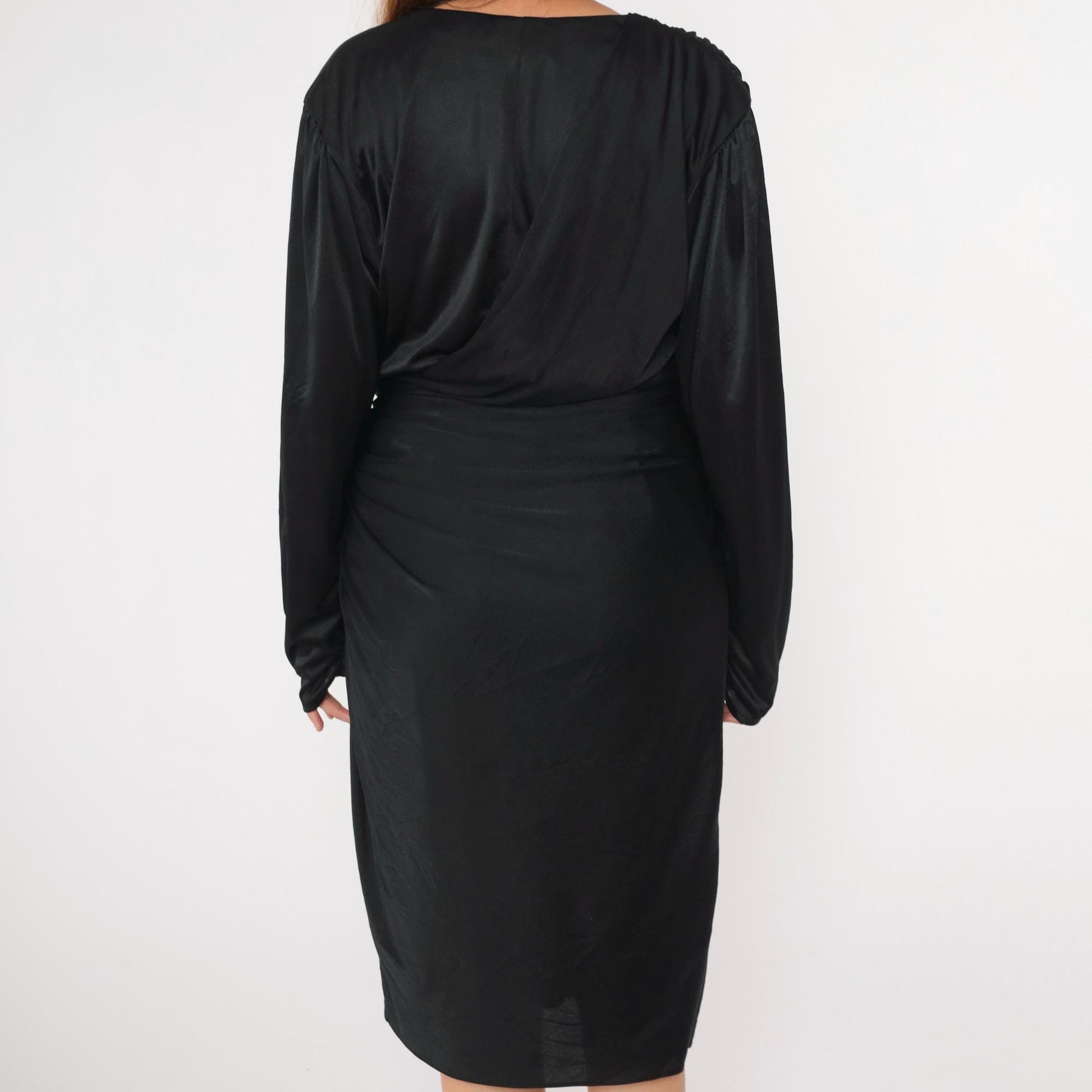 80s Black Faux Wrap Midi Dress Beaded Waist V Neck Long Sleeve Medium