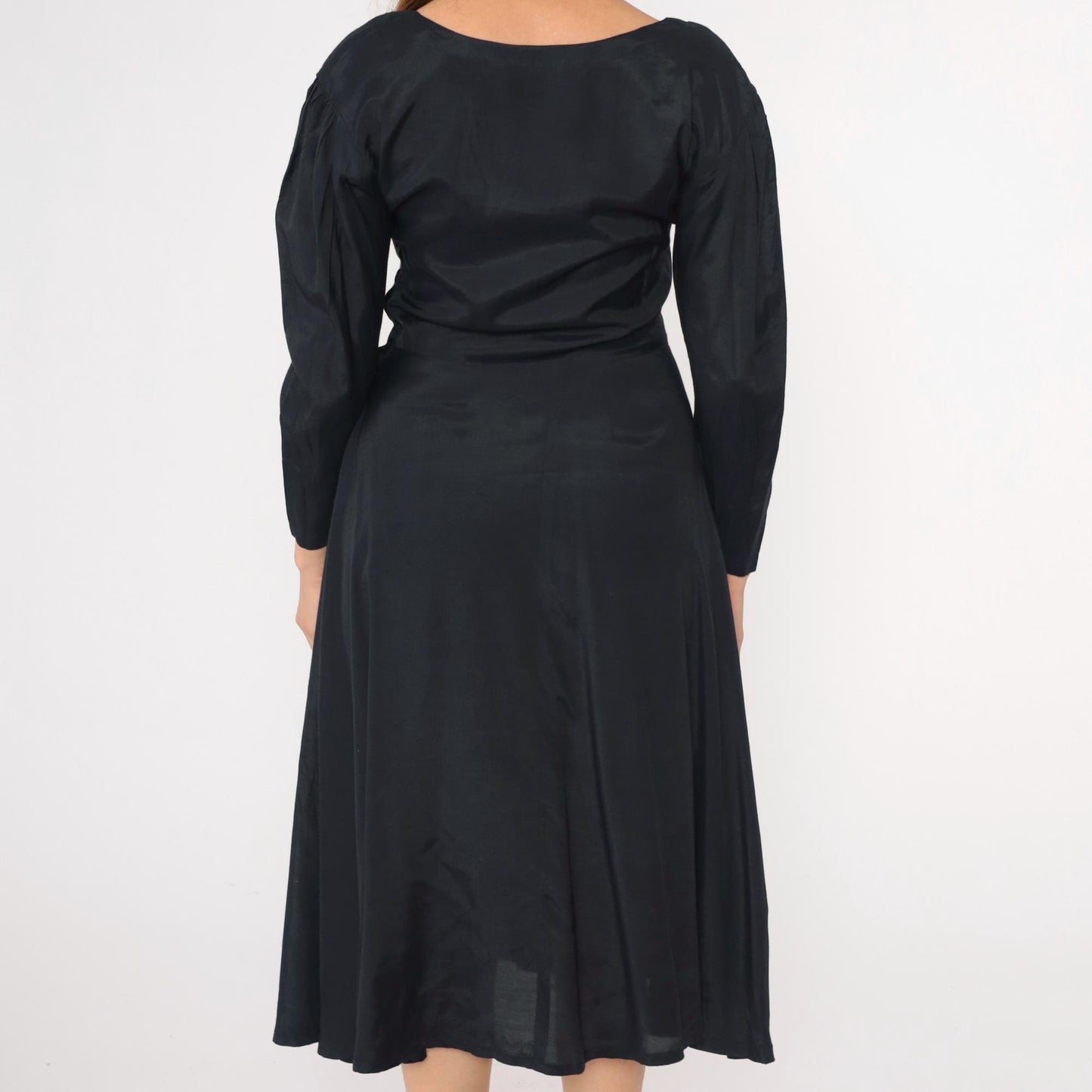 90s Black Floral Embroidery Midi Dress Mesh Cutout Puff Sleeve Small