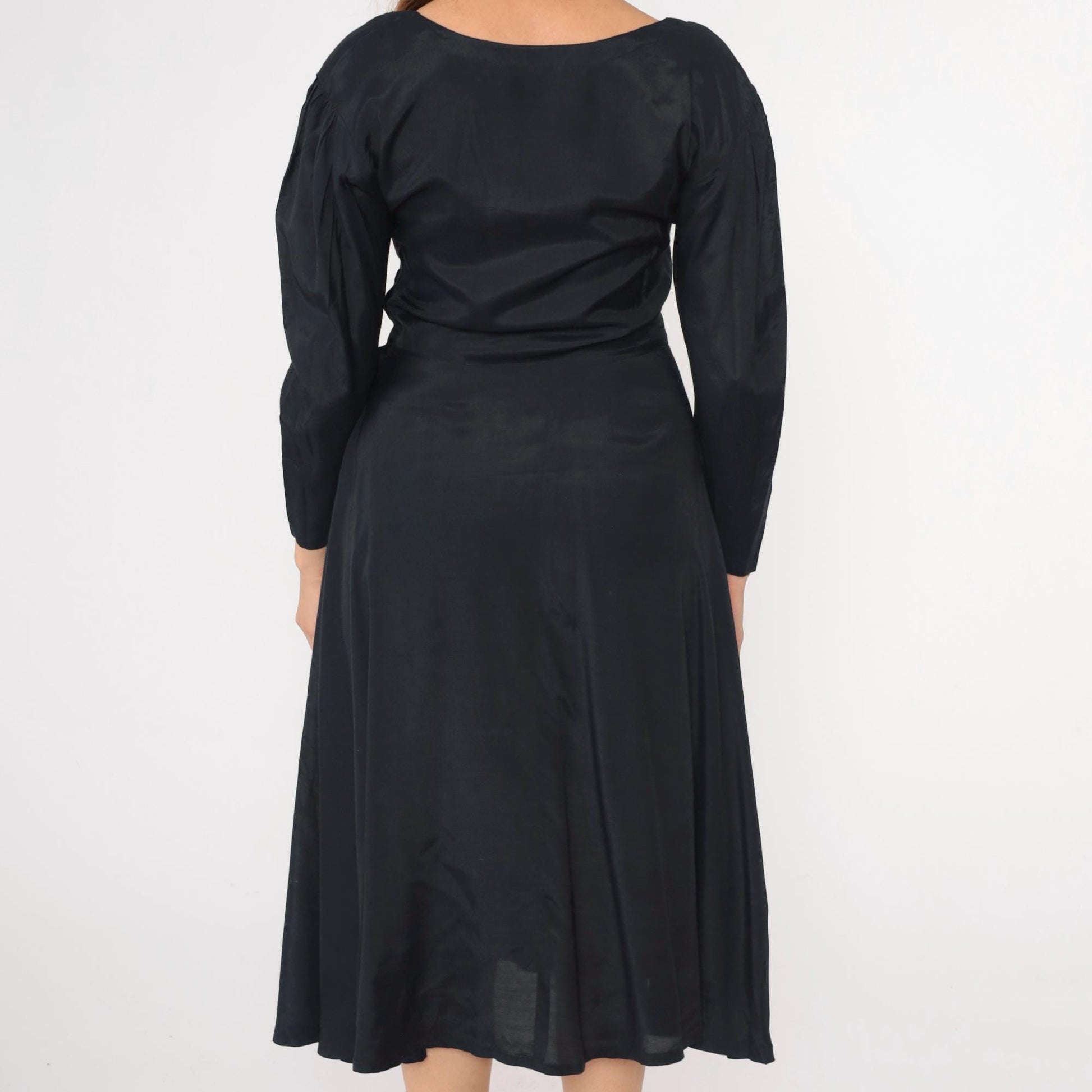 90s Black Floral Embroidery Midi Dress Mesh Cutout Puff Sleeve Small
