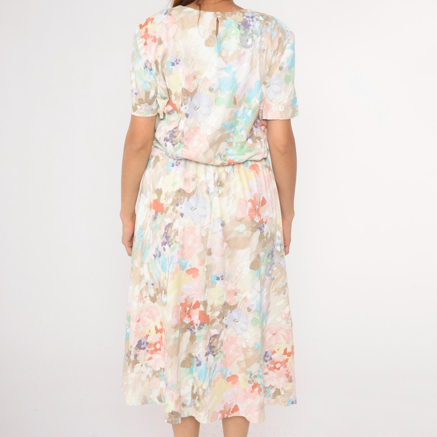 80s Watercolor Floral Midi Dress High Waist Blouson Pink Brown Blue Large