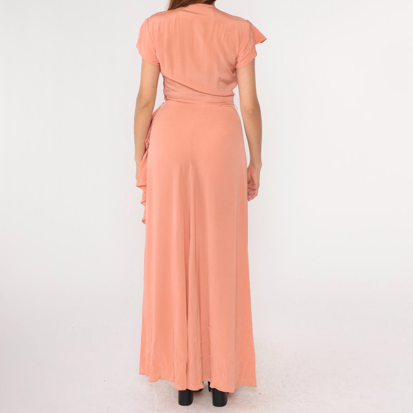 1940s Peach Pink Flutter Sleeve Maxi Gown Metal Side Zip Small