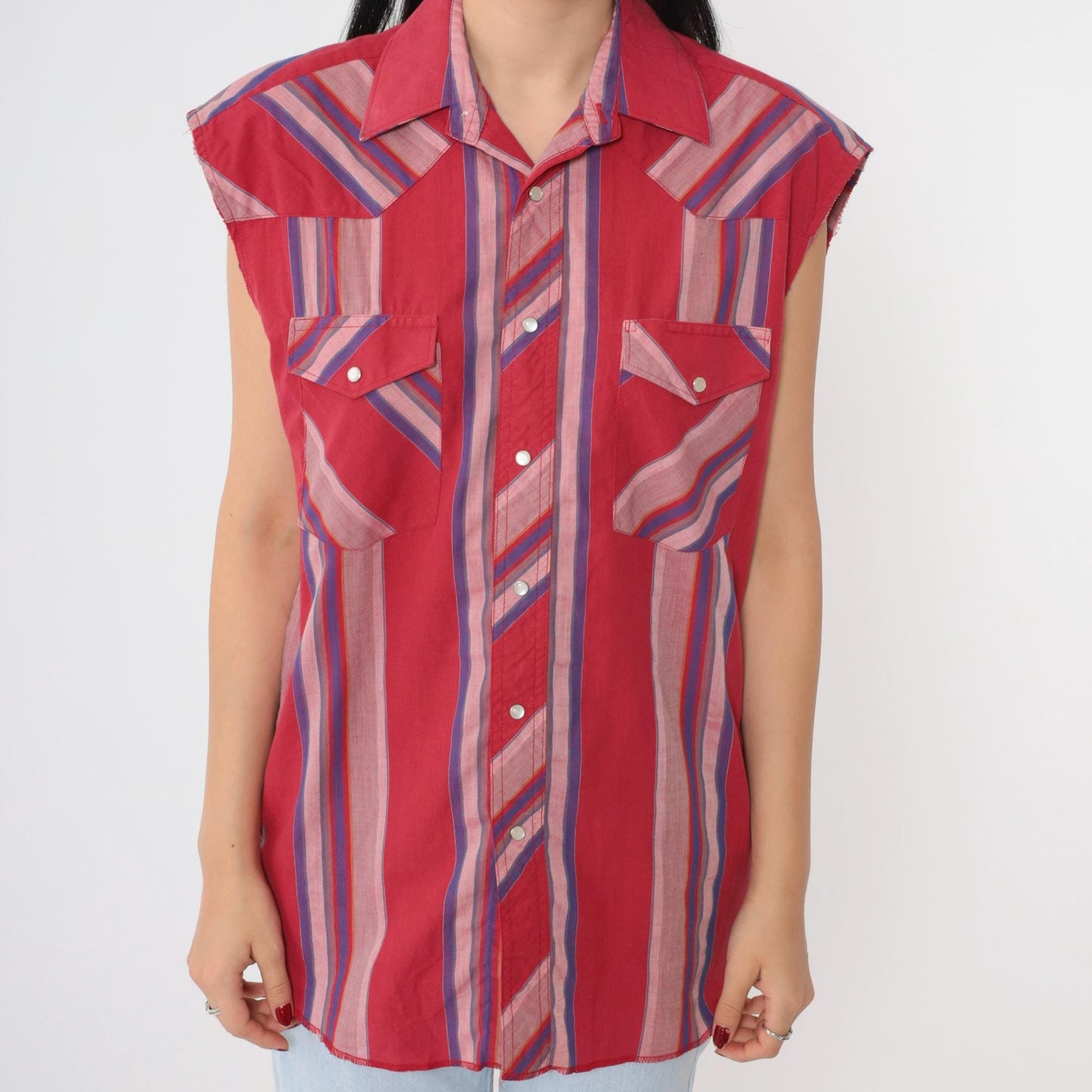 90s Wrangler Western Sleeveless Shirt Cherry Red Striped Pearl Snap Men's Medium