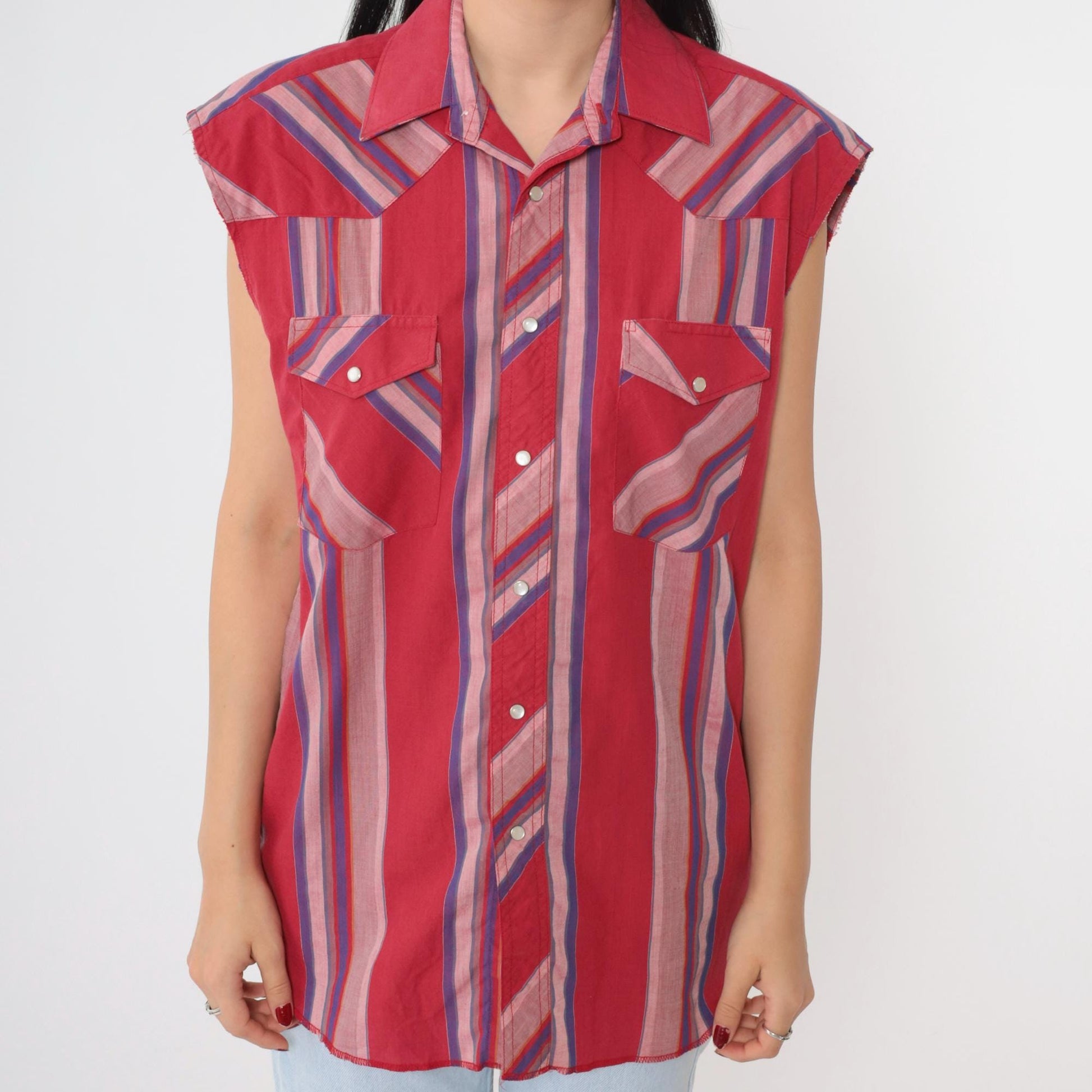 90s Wrangler Western Sleeveless Shirt Cherry Red Striped Pearl Snap Men's Medium