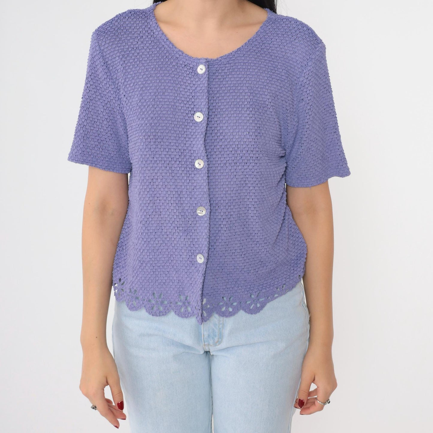 90s Lavender Cutwork Cardigan Sheer Knit Floral Cutout Button-Up Medium