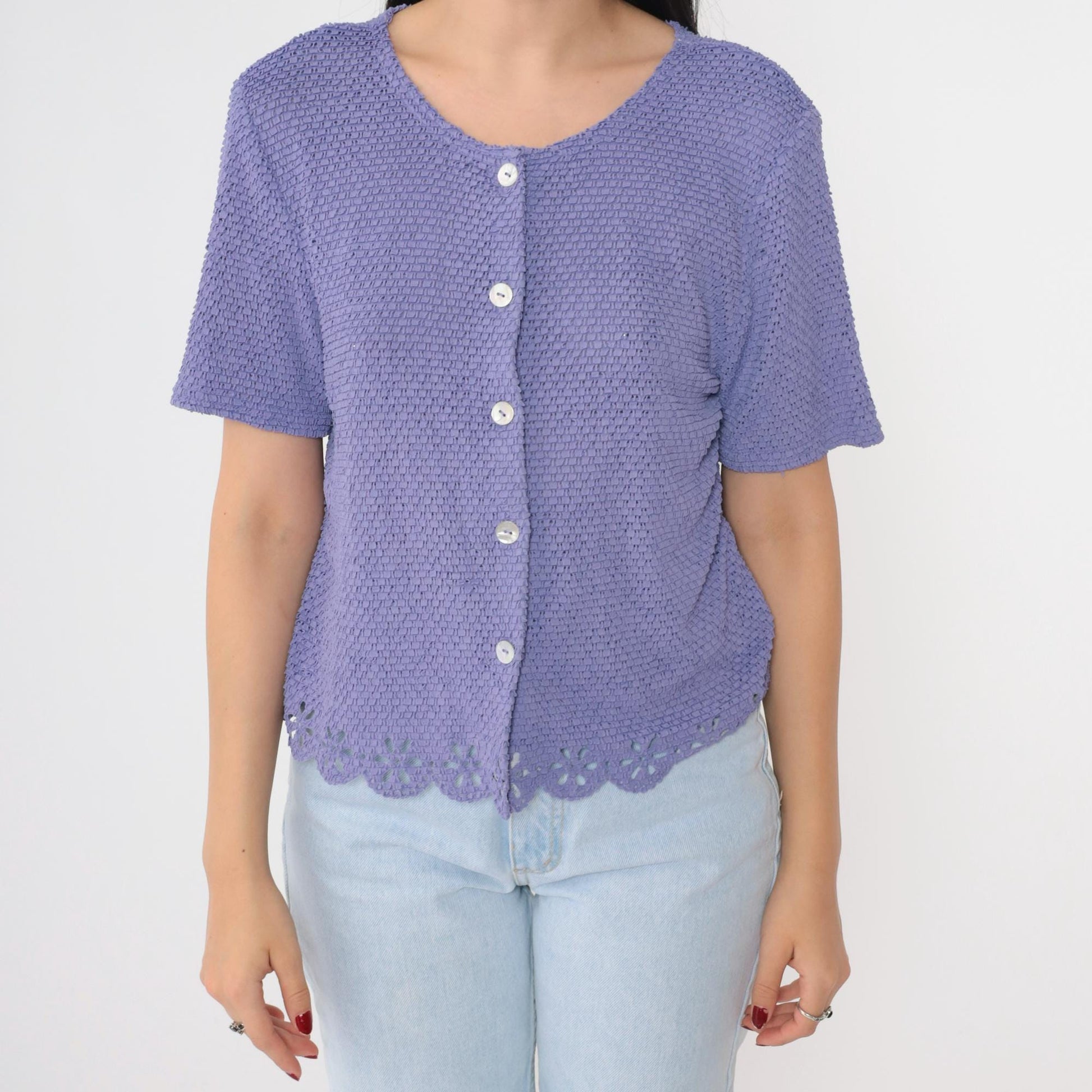 90s Lavender Cutwork Cardigan Sheer Knit Floral Cutout Button-Up Medium