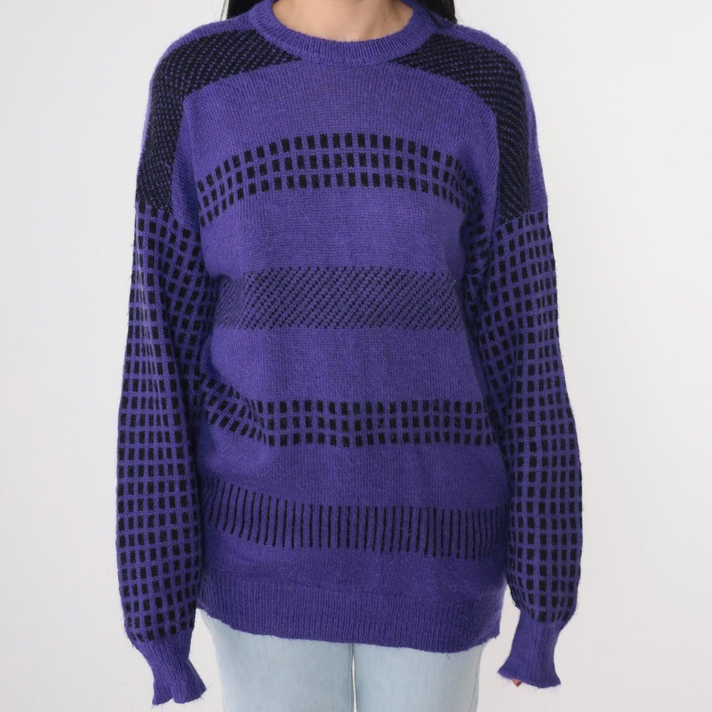 80s Purple Striped Wool Blend Crewneck Pullover Sweater Grid Print Medium