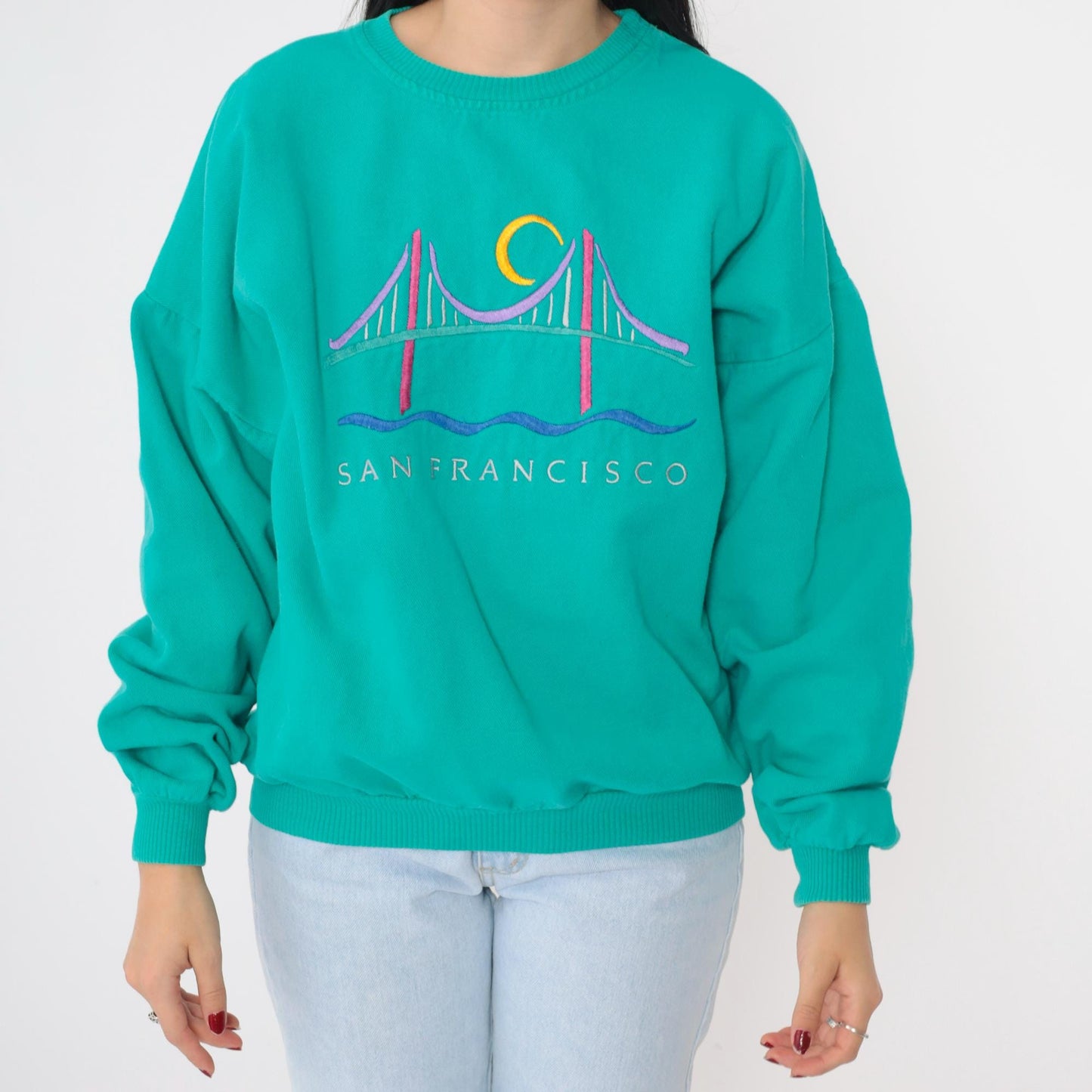90s San Francisco Golden Gate Bridge Embroidered Sweatshirt Teal Cotton Medium