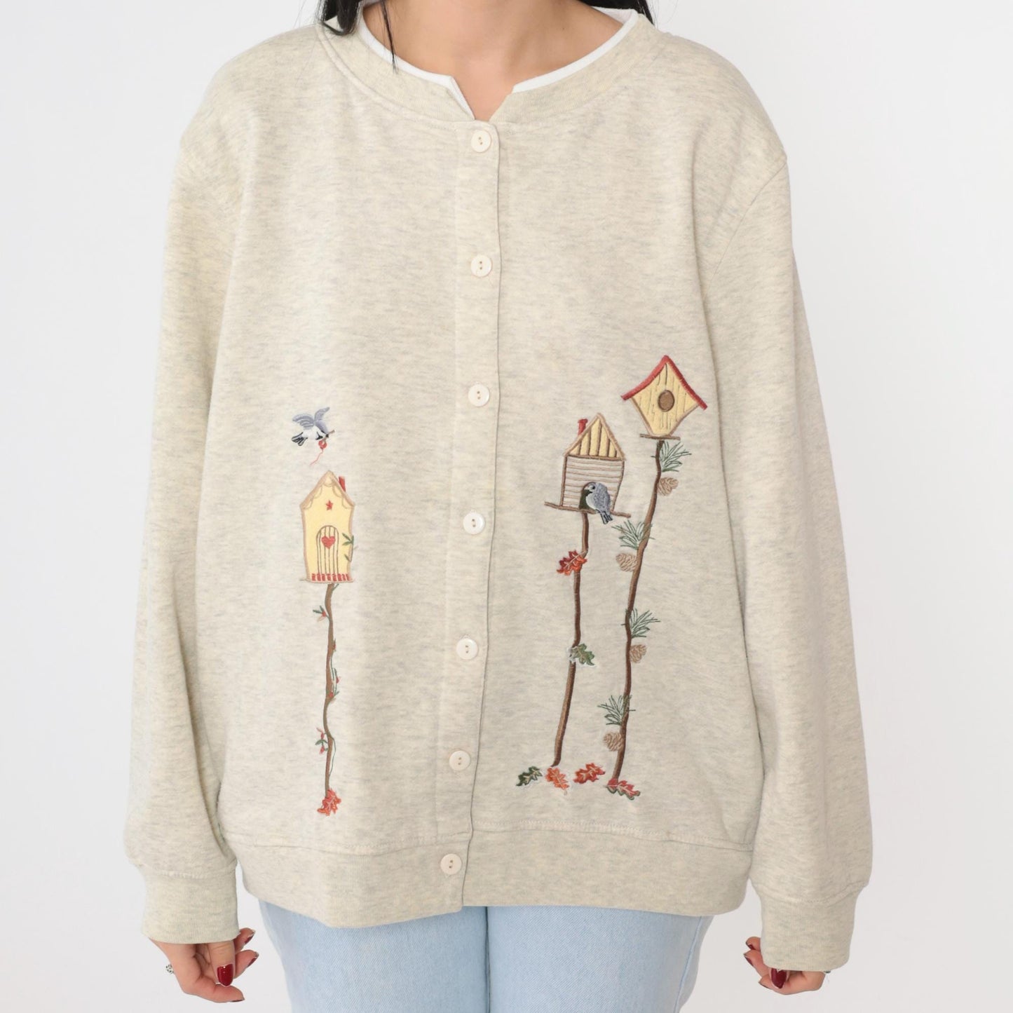 90s BonWorth Birdhouse Cardigan Sweatshirt Cream Embroidered Birds Medium