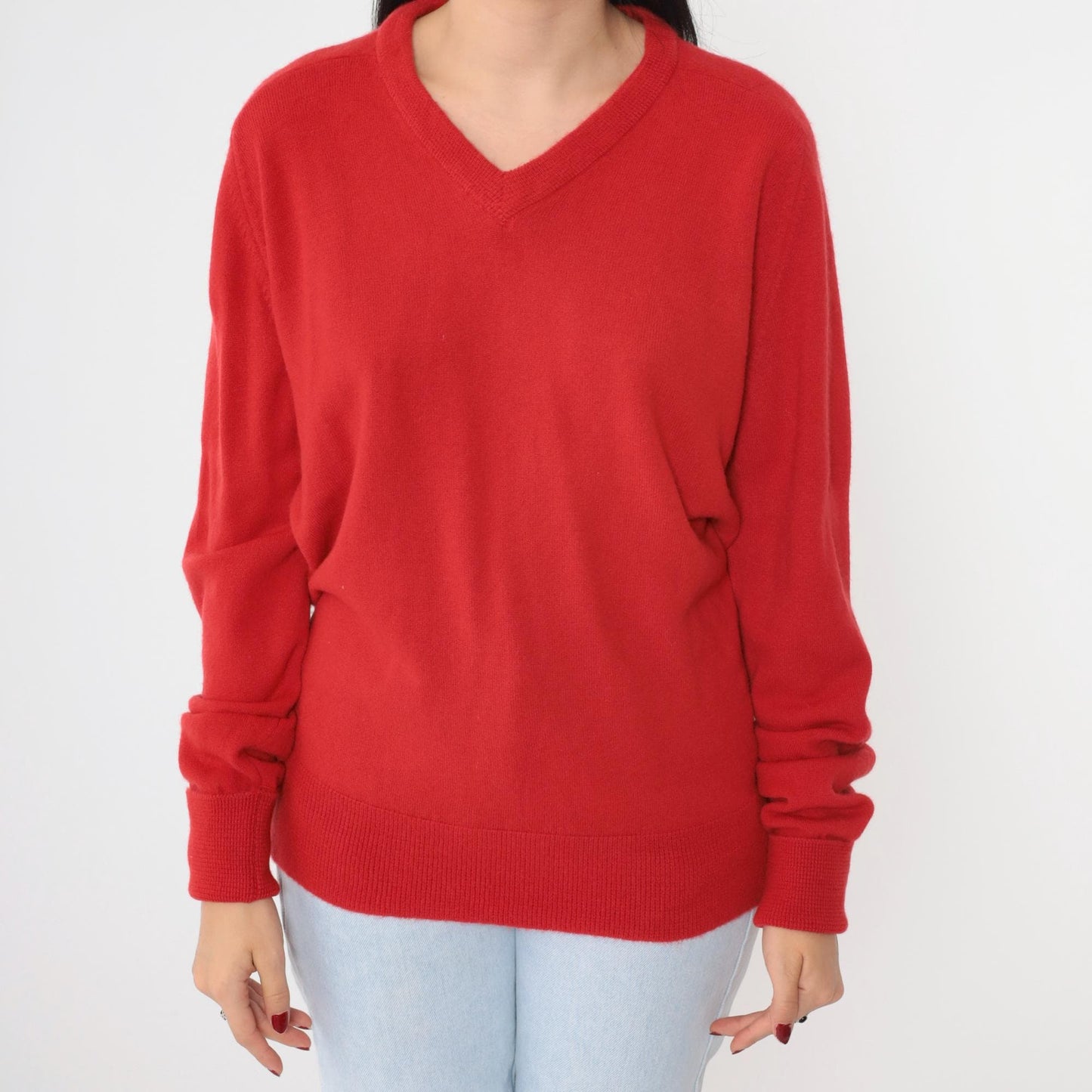 80s Monterey Knits Red V-Neck Pullover Sweater Medium Large