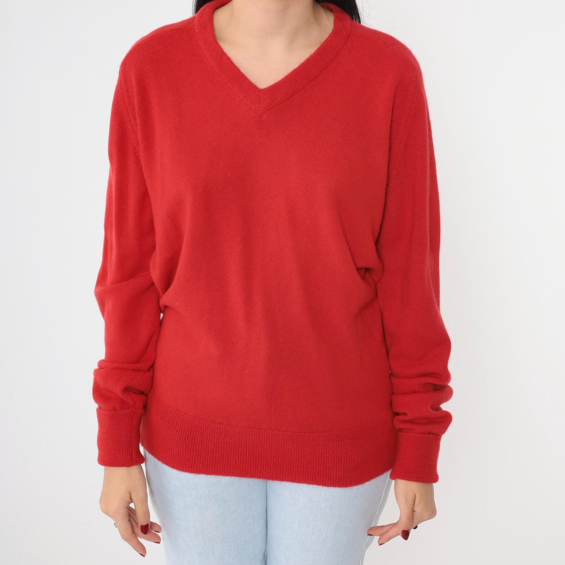 80s Monterey Knits Red V-Neck Pullover Sweater Medium Large