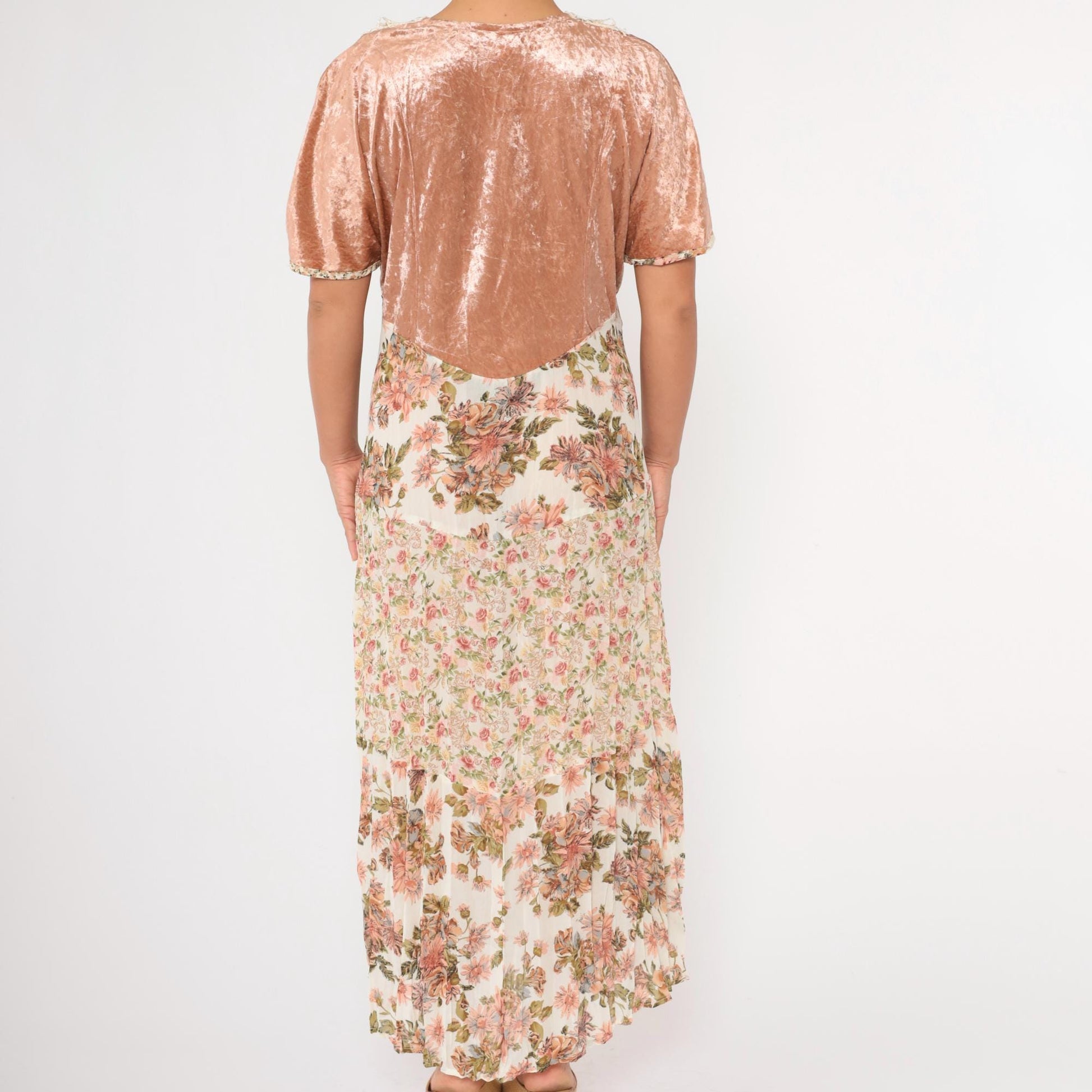 90s Velvet Gauze Tiered Floral Maxi Dress Blush Pink Lace Trim Large L