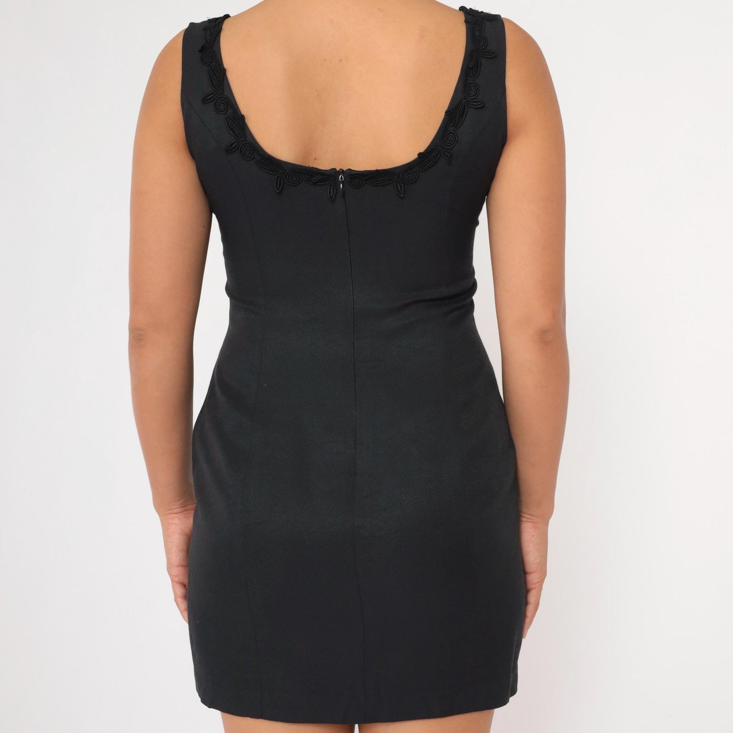90s Nina K Black Beaded Mini Dress Lace Neckline Sheath Small